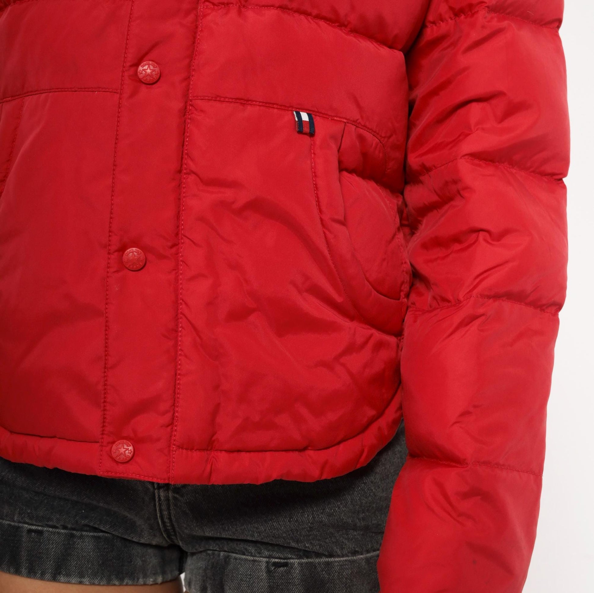 90s Tommy Jeans Red Down Puffer Jacket Hooded Cropped Quilted Medium M