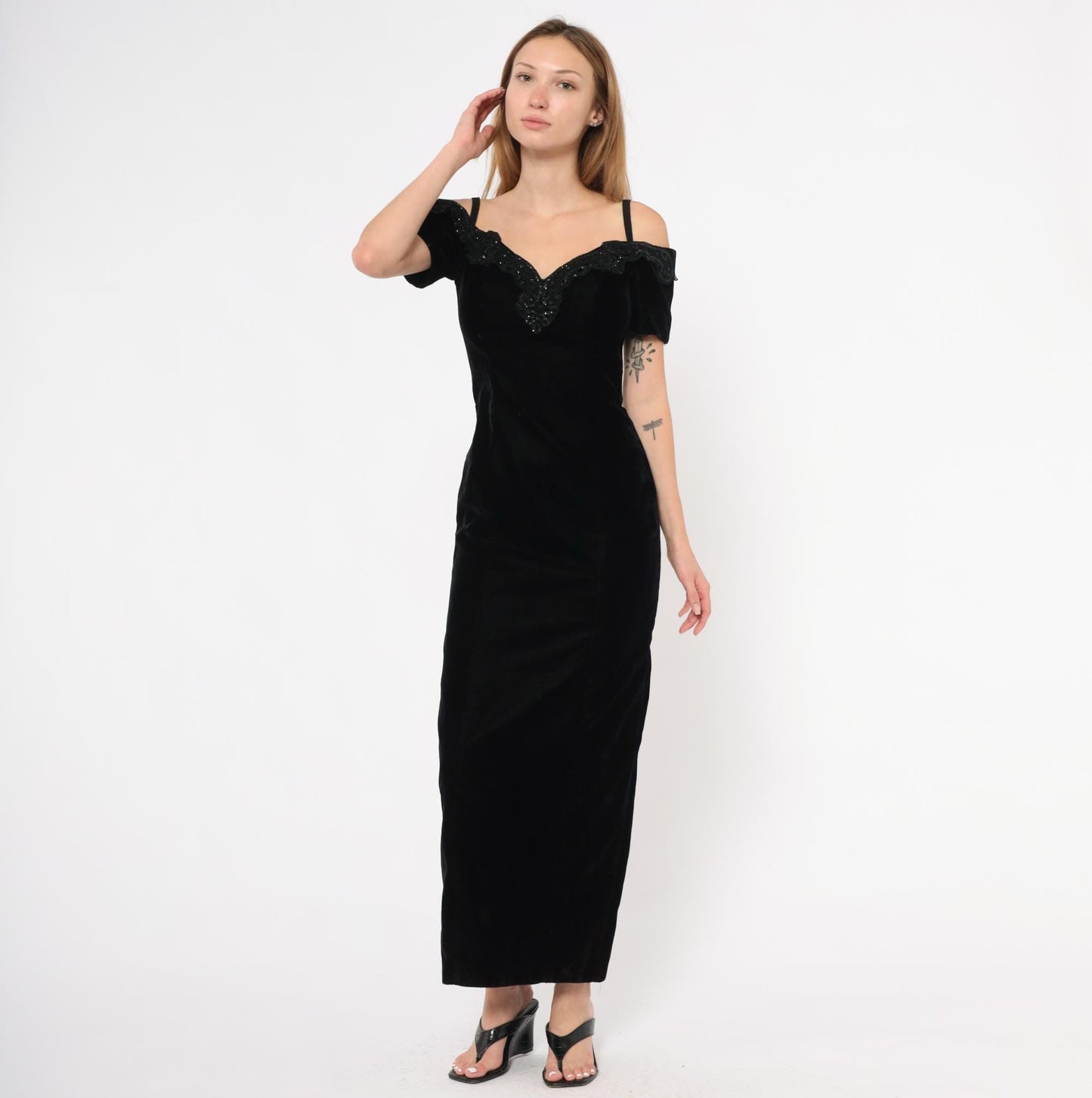 90s Rampage Black Velvet Maxi Gown Beaded Lace Off-Shoulder Extra Small XS