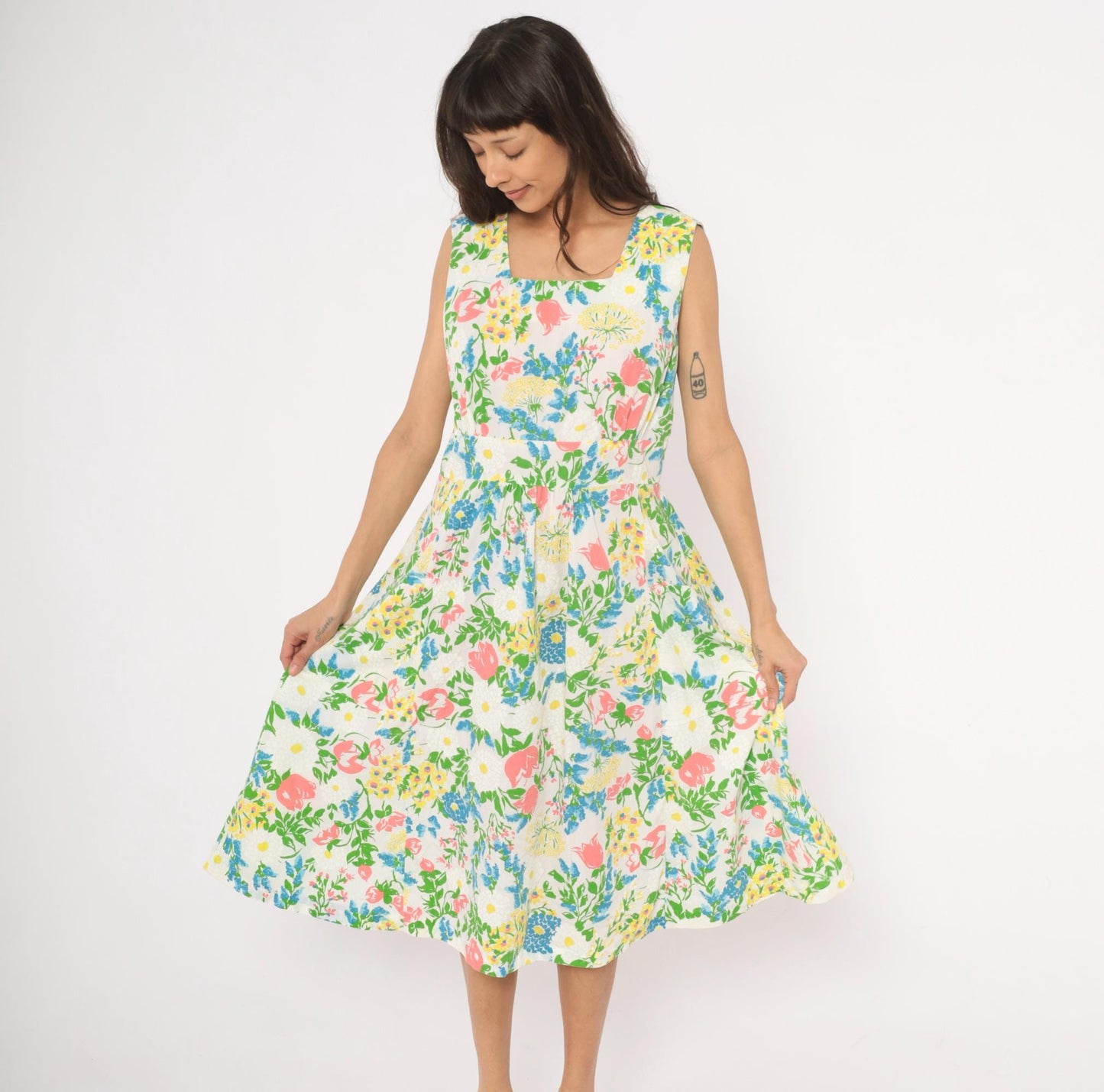 70s New Perspective Floral Midi Sundress Square Neck Pleated Cotton Pink Blue Large L