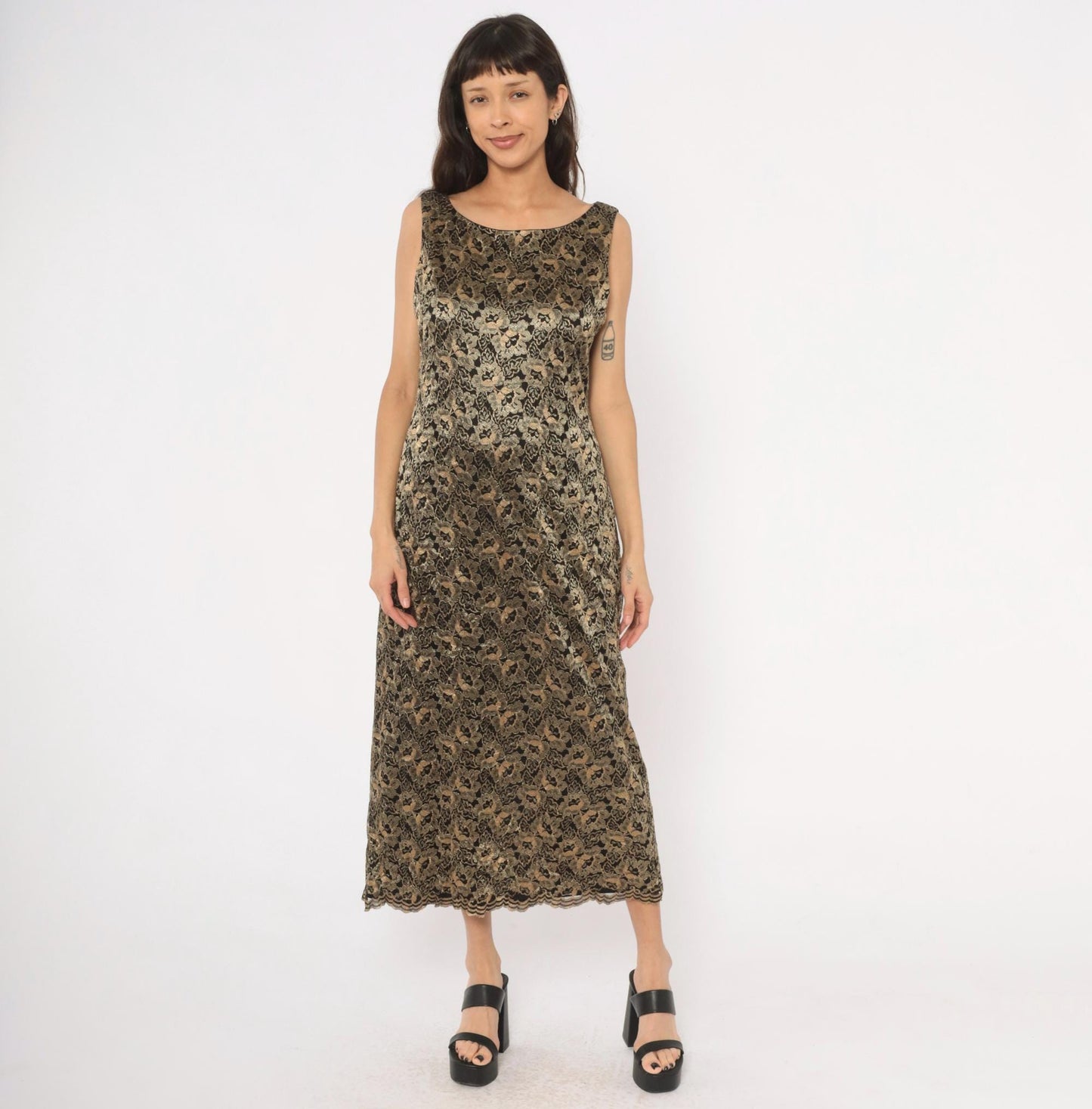 90s Jessica Howard Gold Floral Lace Maxi Dress Black Sleeveless Large L