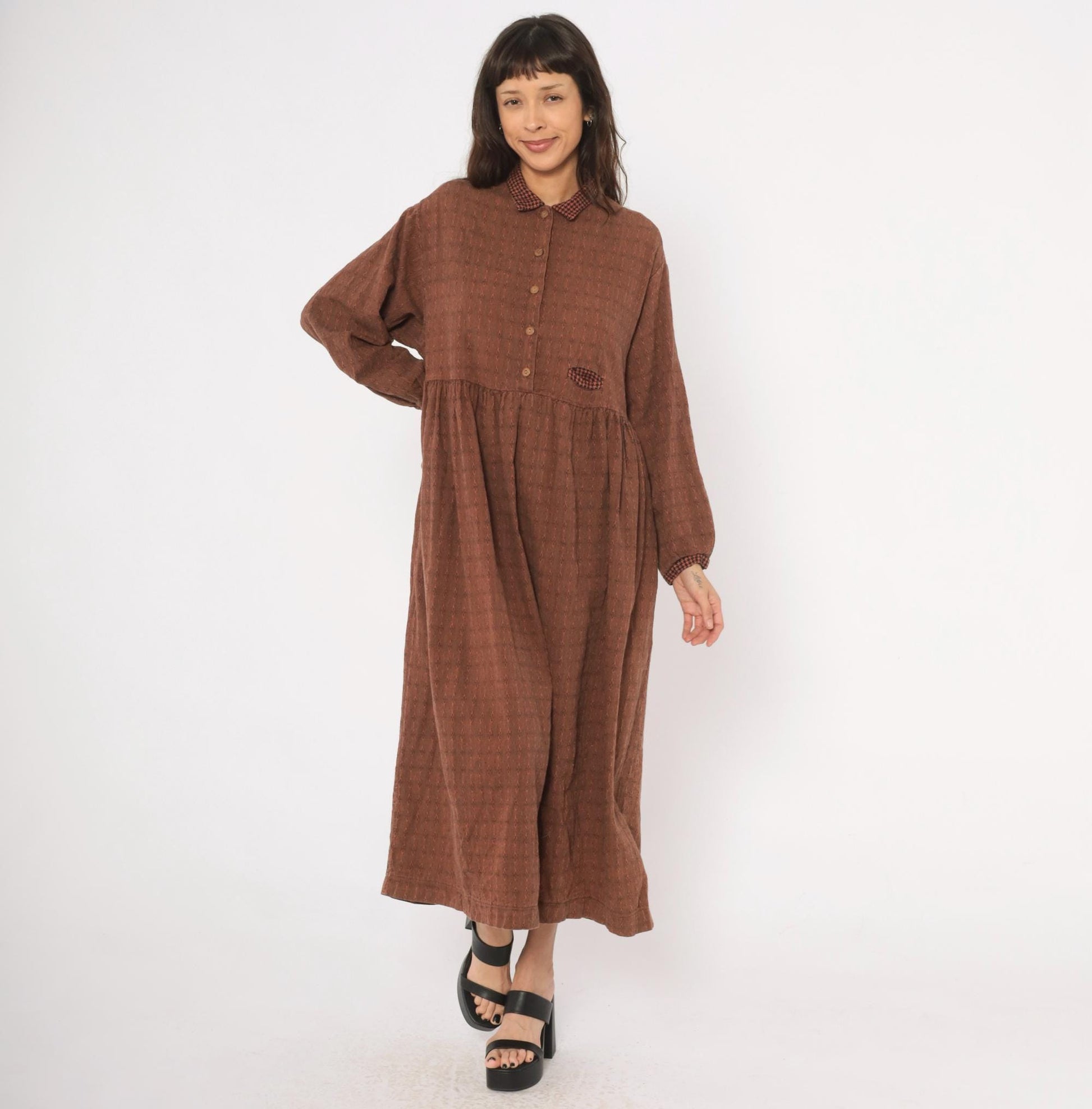 90s No Saint Brown Maxi Shirt Dress Houndstooth Collar Diamond Pattern Medium