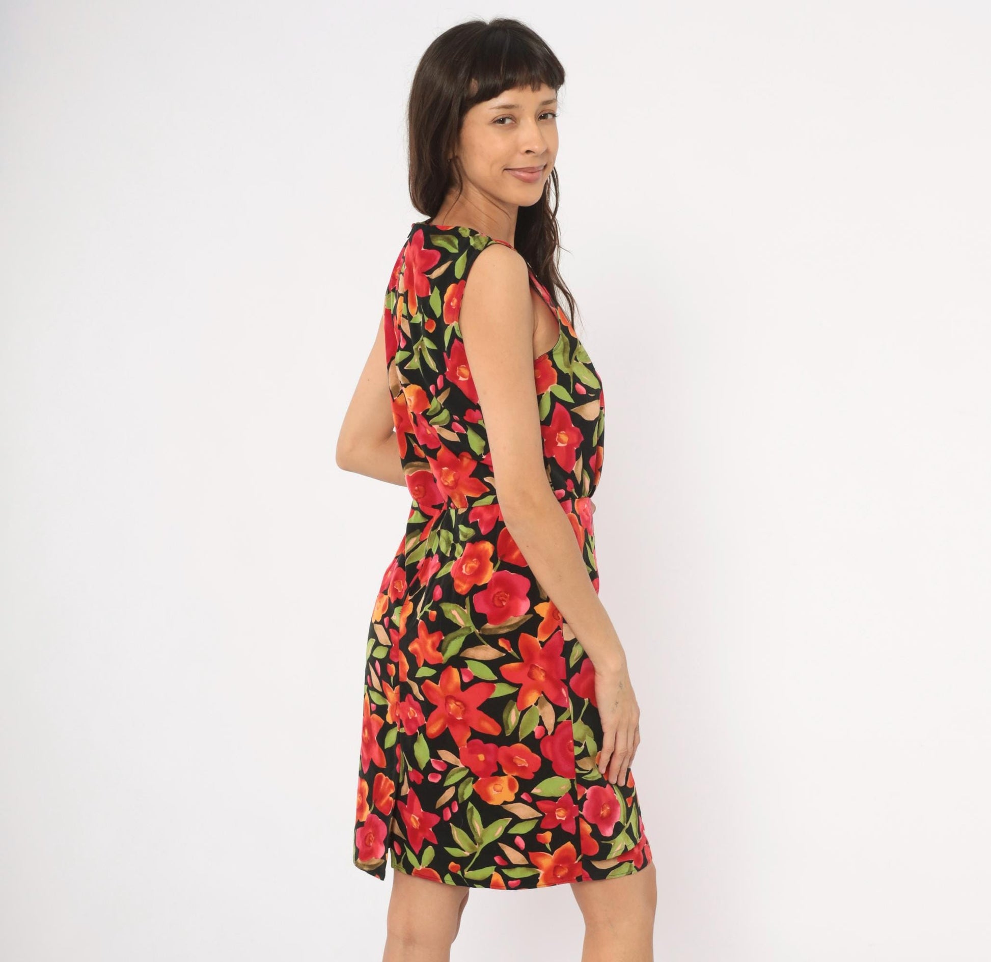 90s Sag Harbor Floral Wrap Dress Knee Length Black Red Tropical Medium M