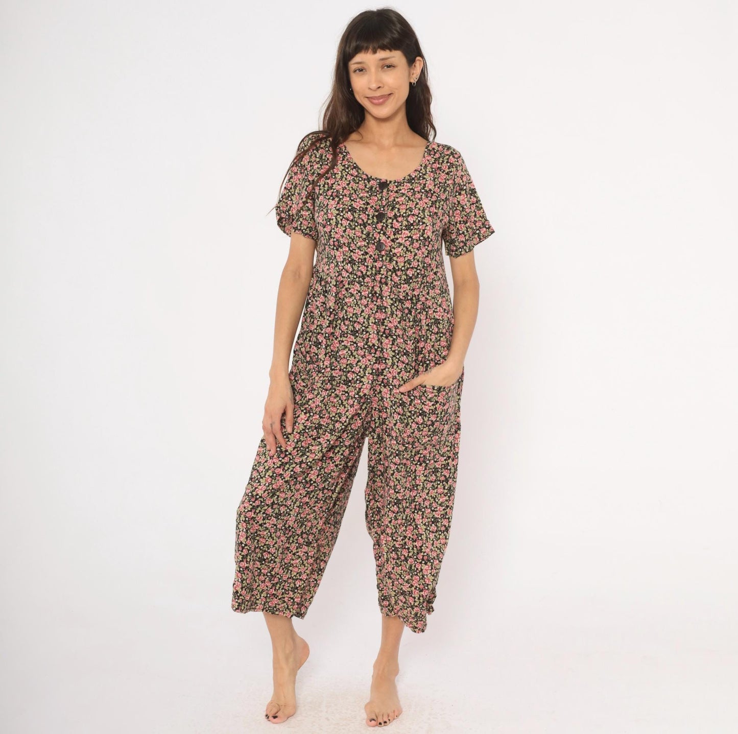 90s Black Floral Jumpsuit Wide Leg Rose Print Scoop Neck Medium M