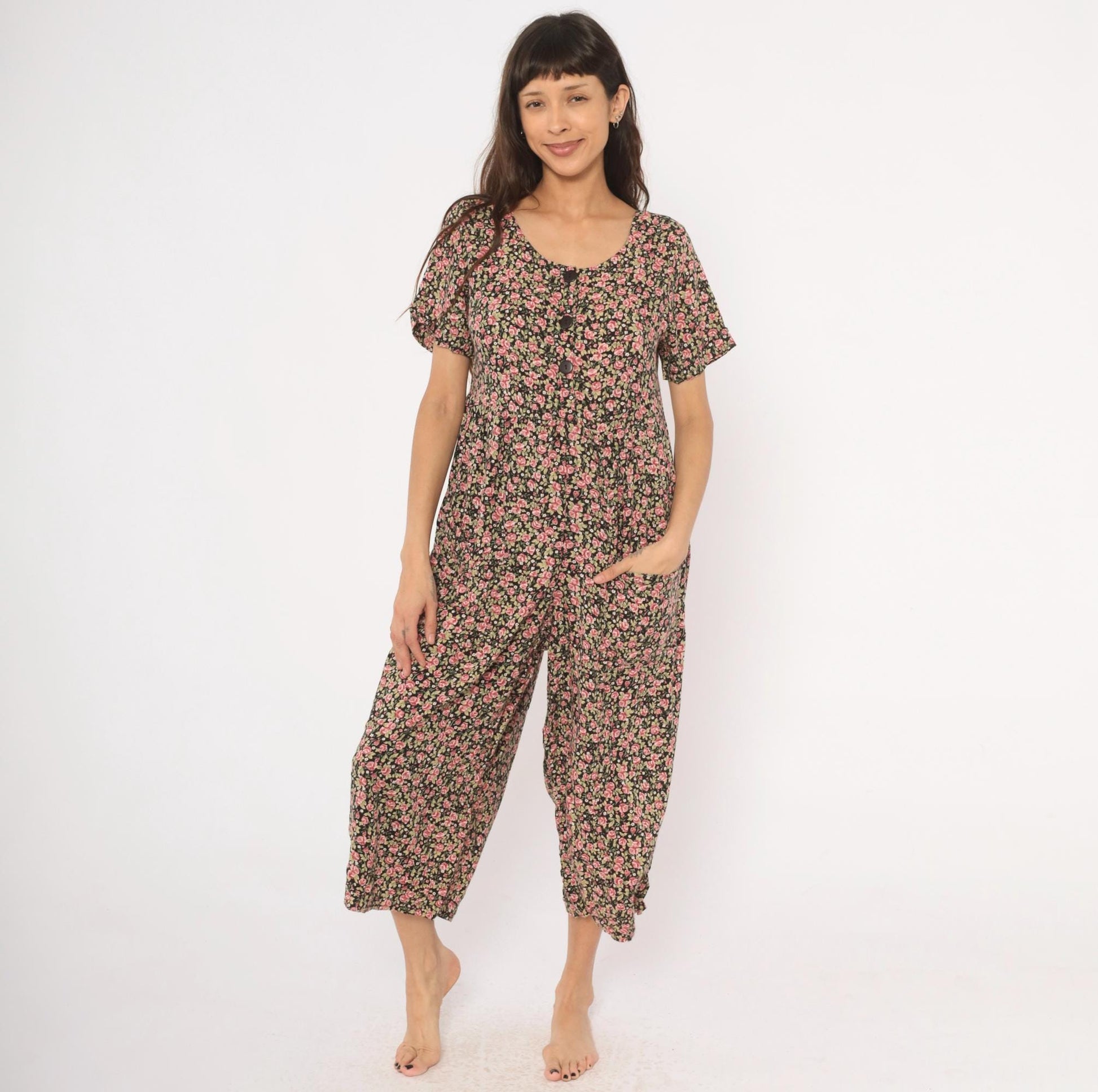 90s Black Floral Jumpsuit Wide Leg Rose Print Scoop Neck Medium M