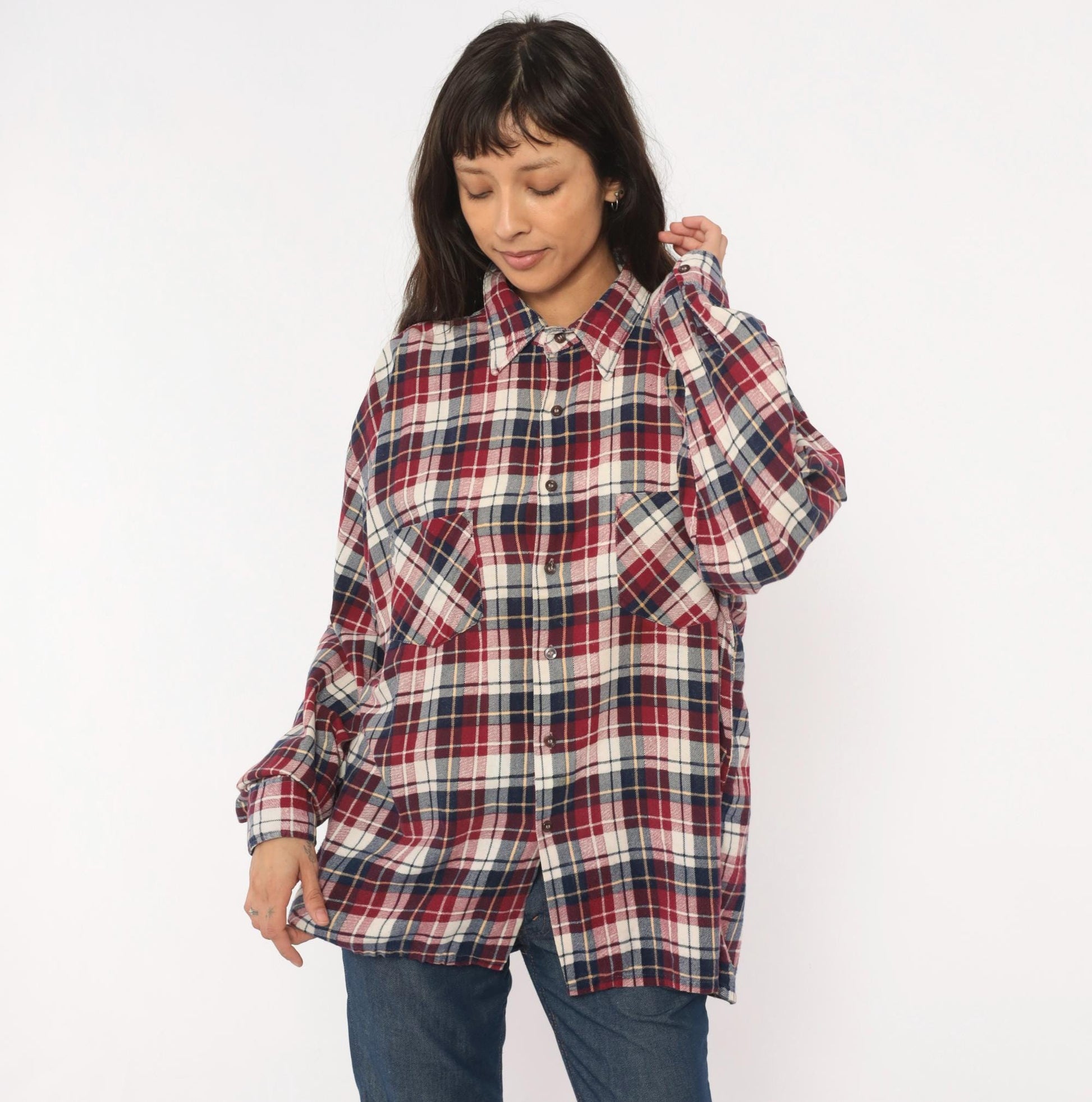 90s Dickies Flannel Shirt Red Navy Cream Plaid Cotton XL