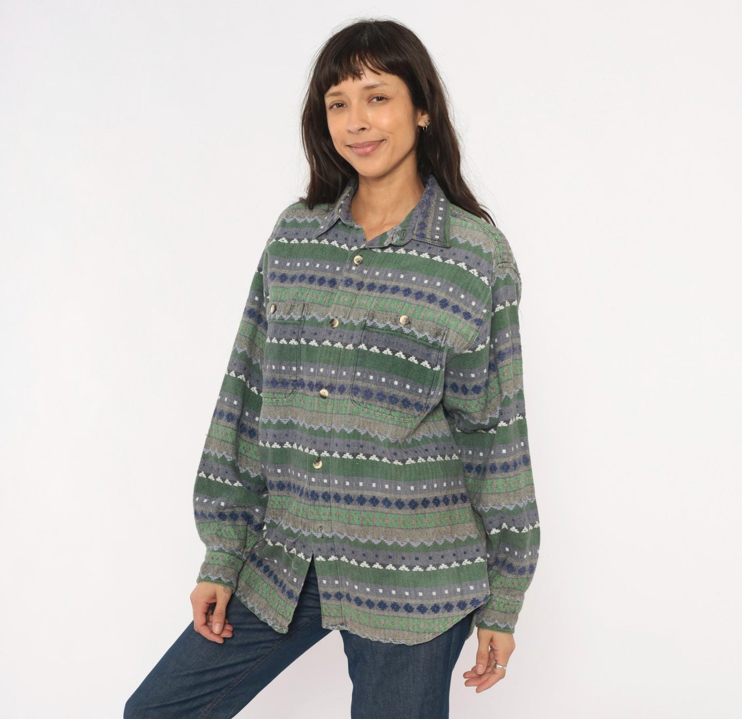 90s Point Zero Geometric Flannel Shirt Green Navy Jacquard Folk Pattern Medium