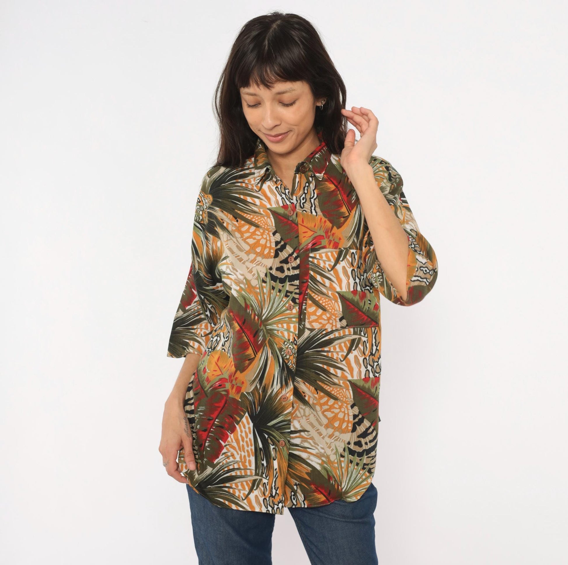90s Touché LA Tropical Palm Leaf Print Shirt Mustard Olive Red Large L