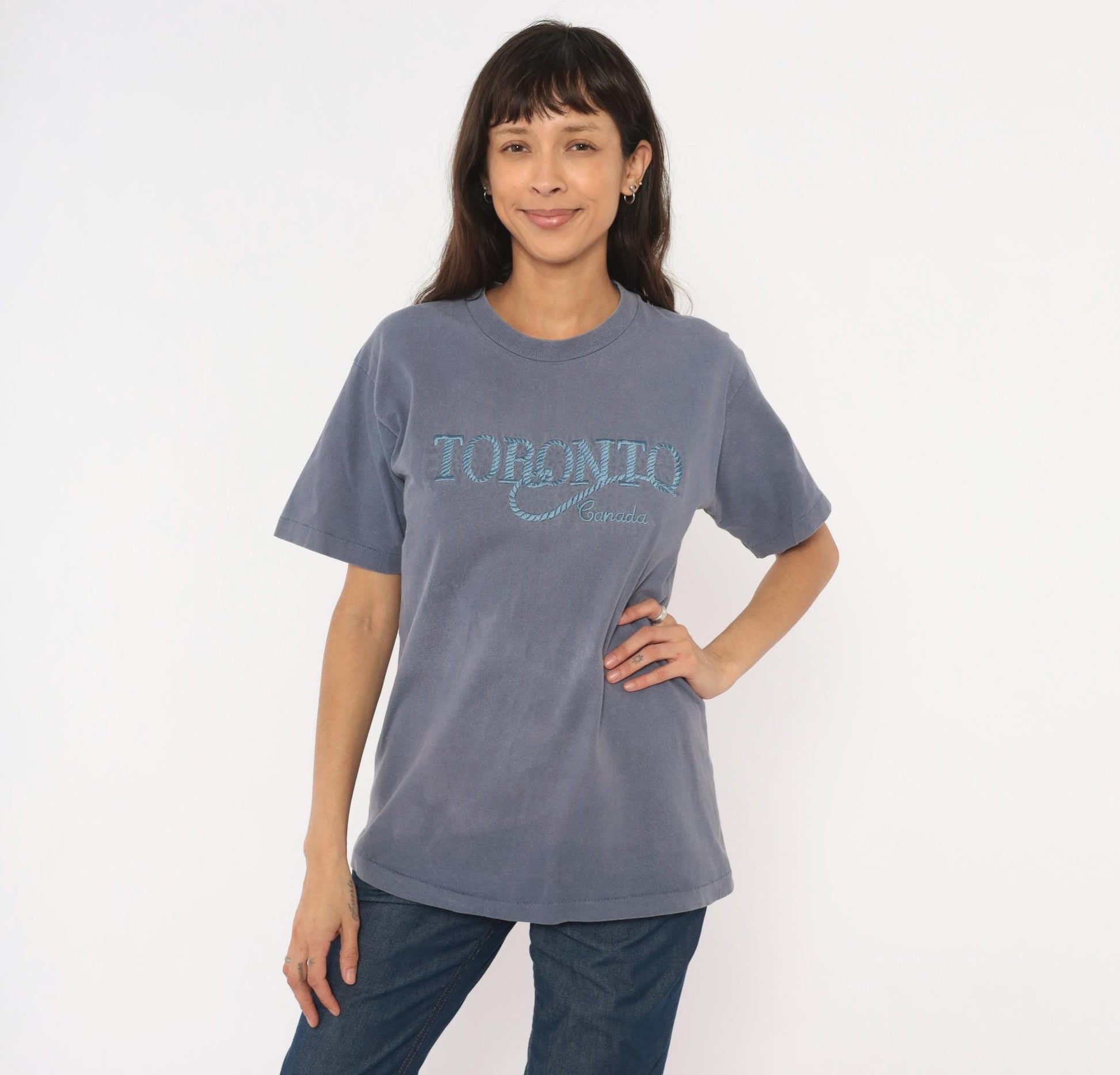 90s Toronto Canada Embroidered Tee Fruit of the Loom Slate Blue Grey Medium