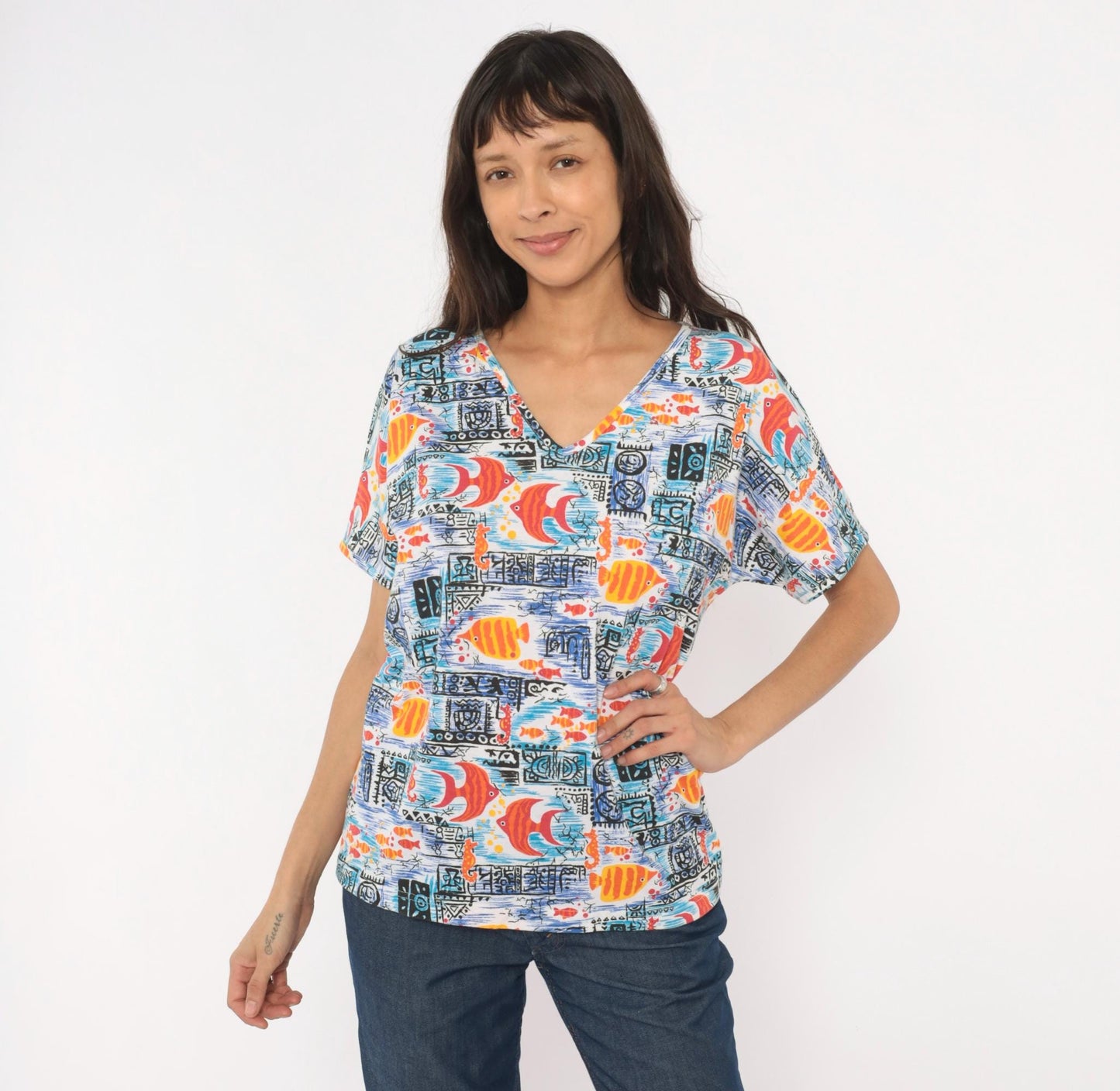 90s Barnett Tropical Fish Print Cotton Tee V-Neck Angelfish Seahorse Blue Orange Large L