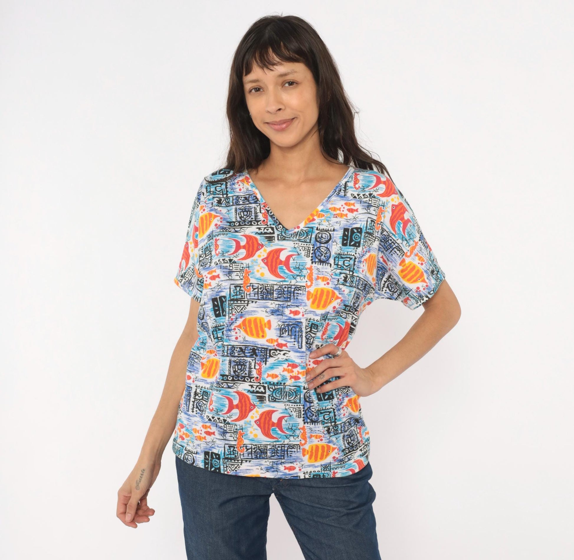 90s Barnett Tropical Fish Print Cotton Tee V-Neck Angelfish Seahorse Blue Orange Large L