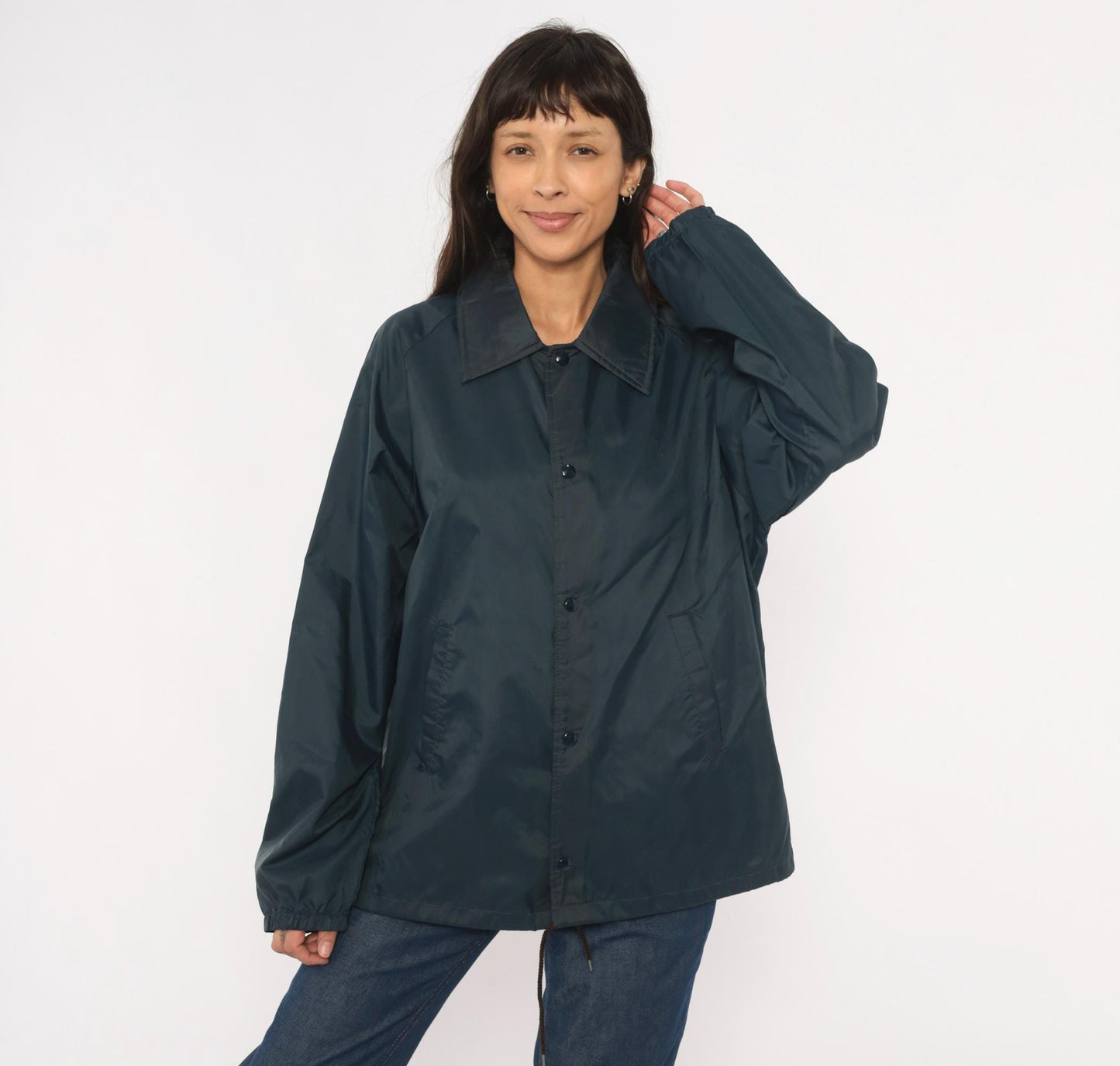 80s David Peyser Navy Coach Jacket Snap Front Windbreaker Nylon Large