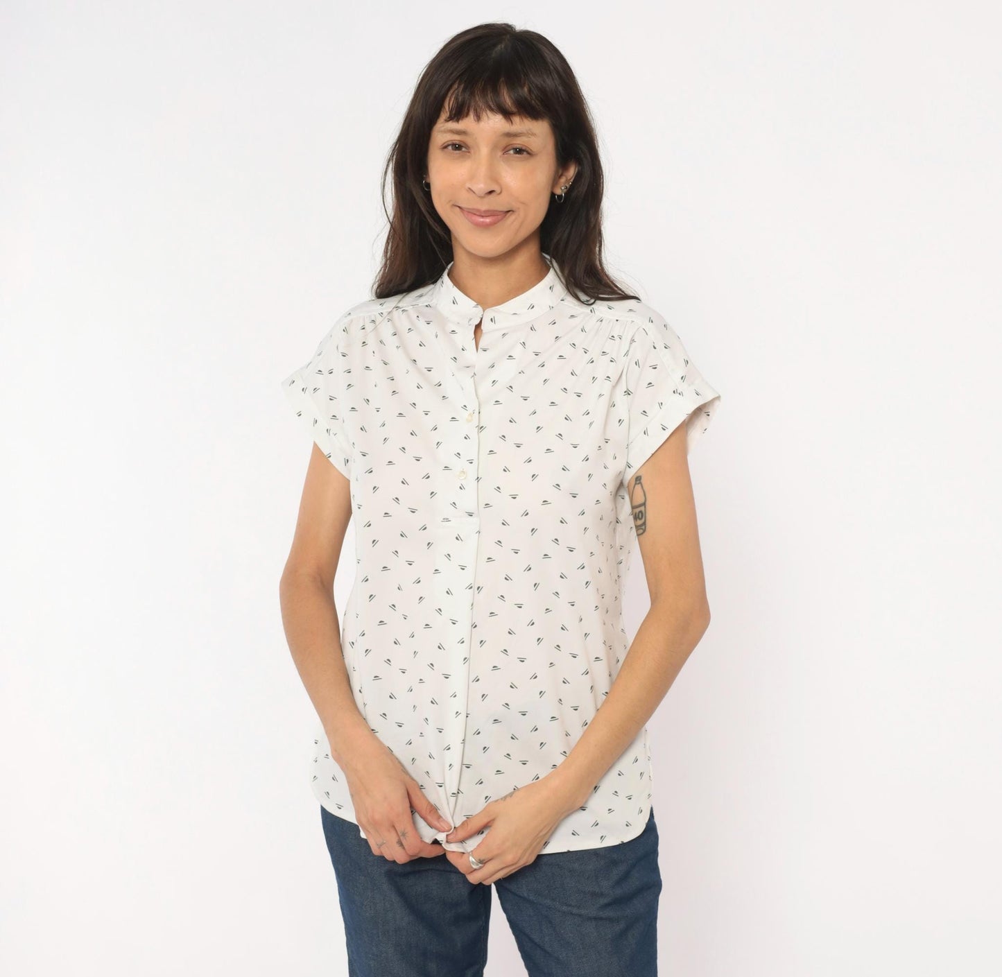 70s Mr. Fine Sailboat Print Blouse White Mandarin Collar Cap Sleeve Medium