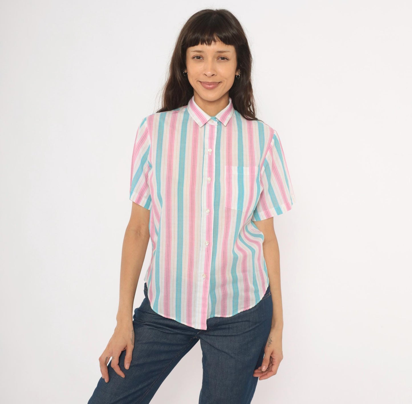 80s Shirtmakers Ltd. Candy Stripe Button-Up Blouse Pink Sky Blue Large L