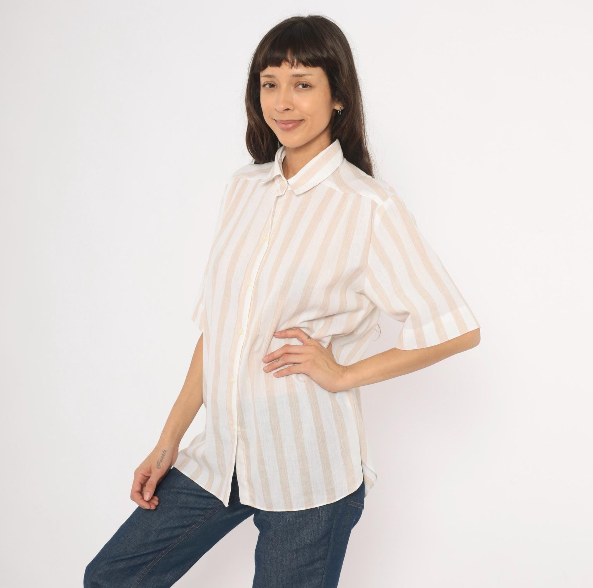 80s All Hours Cream Tan Striped Button-Front Blouse Pointed Collar Large