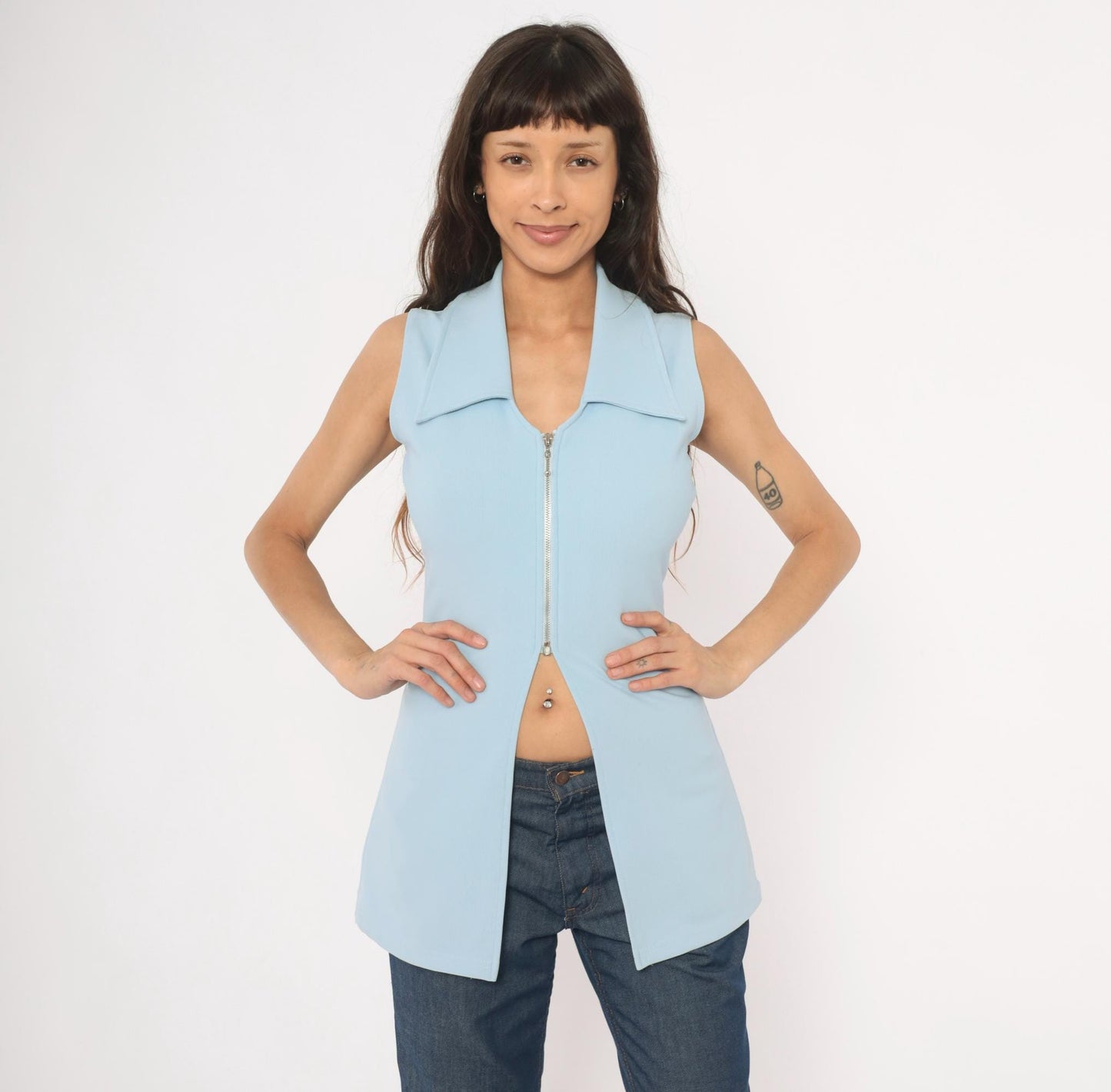 90s Lulyk Baby Blue Sleeveless Peplum Top Silver Zip V-Neck Small S