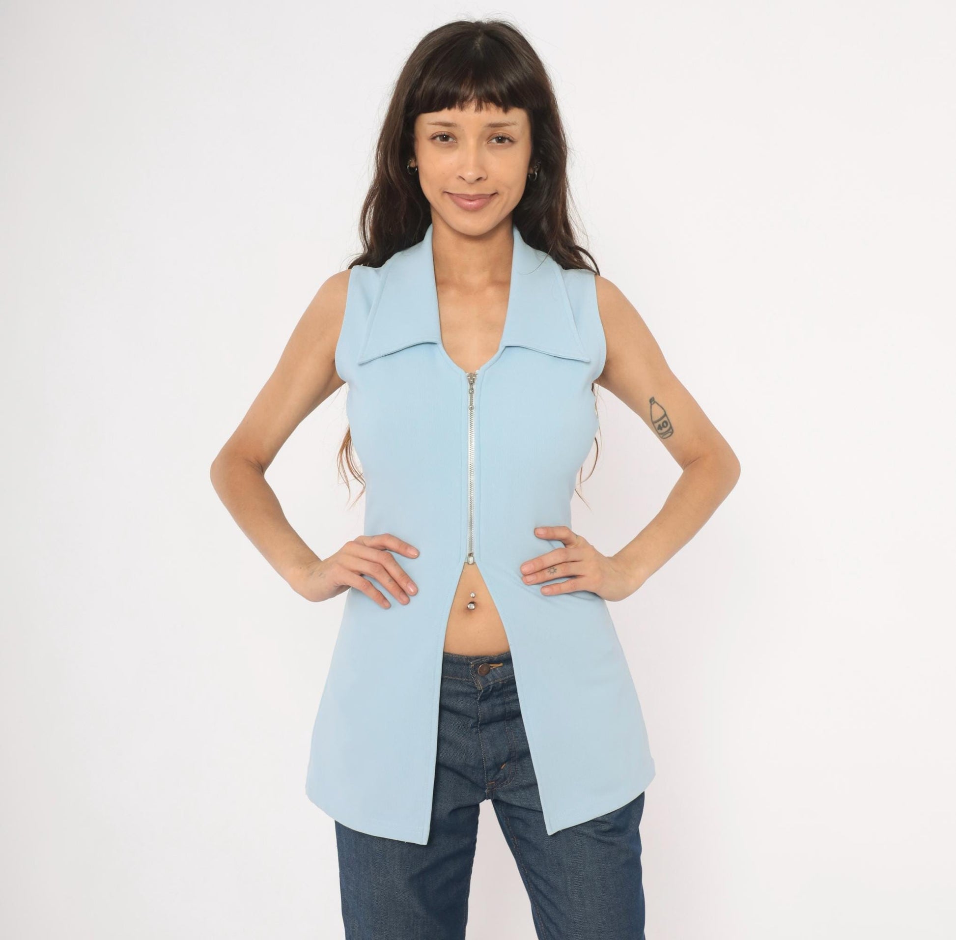 90s Lulyk Baby Blue Sleeveless Peplum Top Silver Zip V-Neck Small S