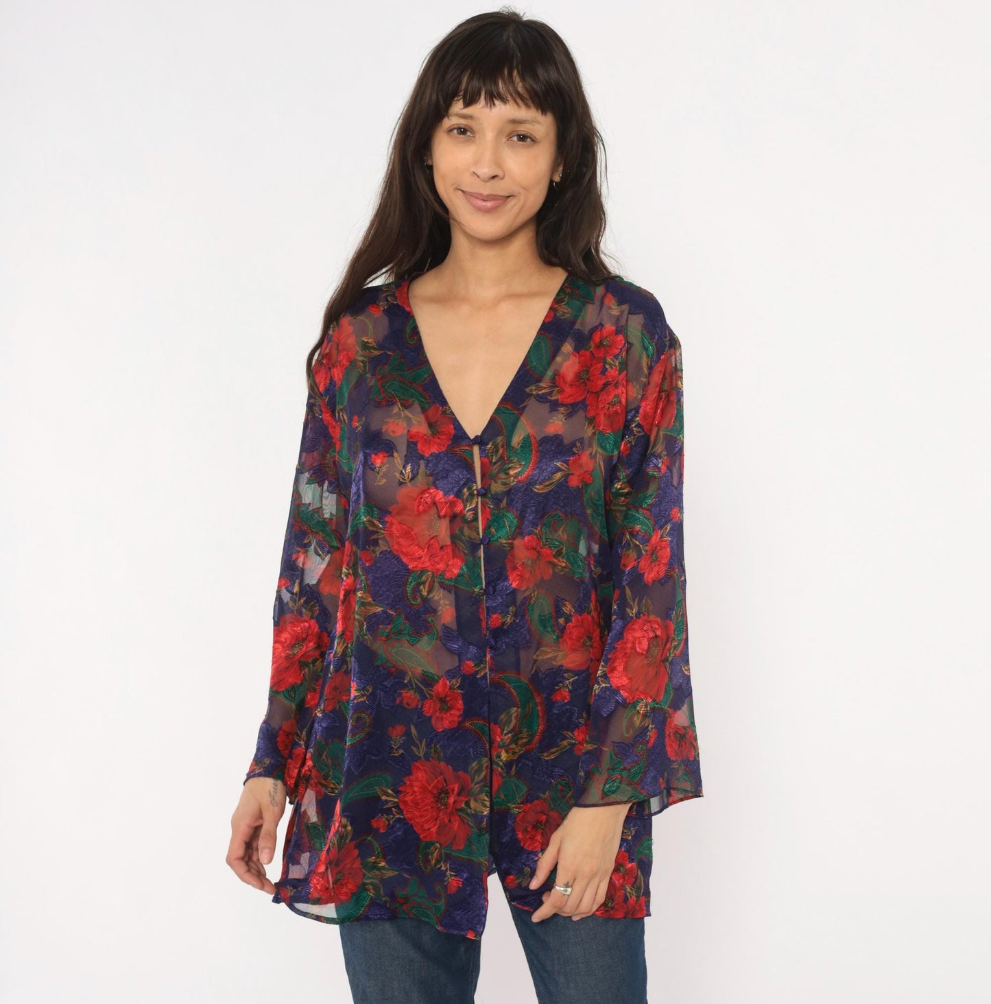 90s Victoria's Secret Sheer Kimono Robe Navy Floral Rose Print Small