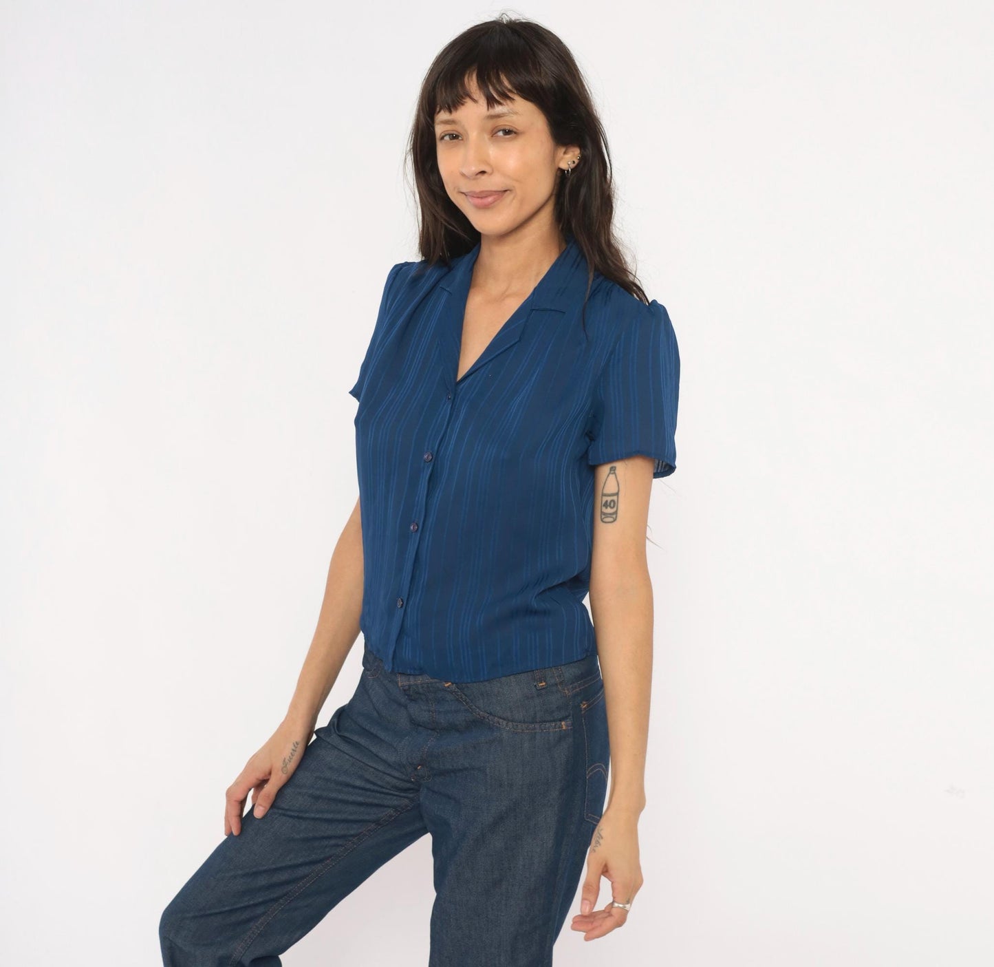 80s Shana Navy Striped Button Blouse Puff Shoulder V Neck Small