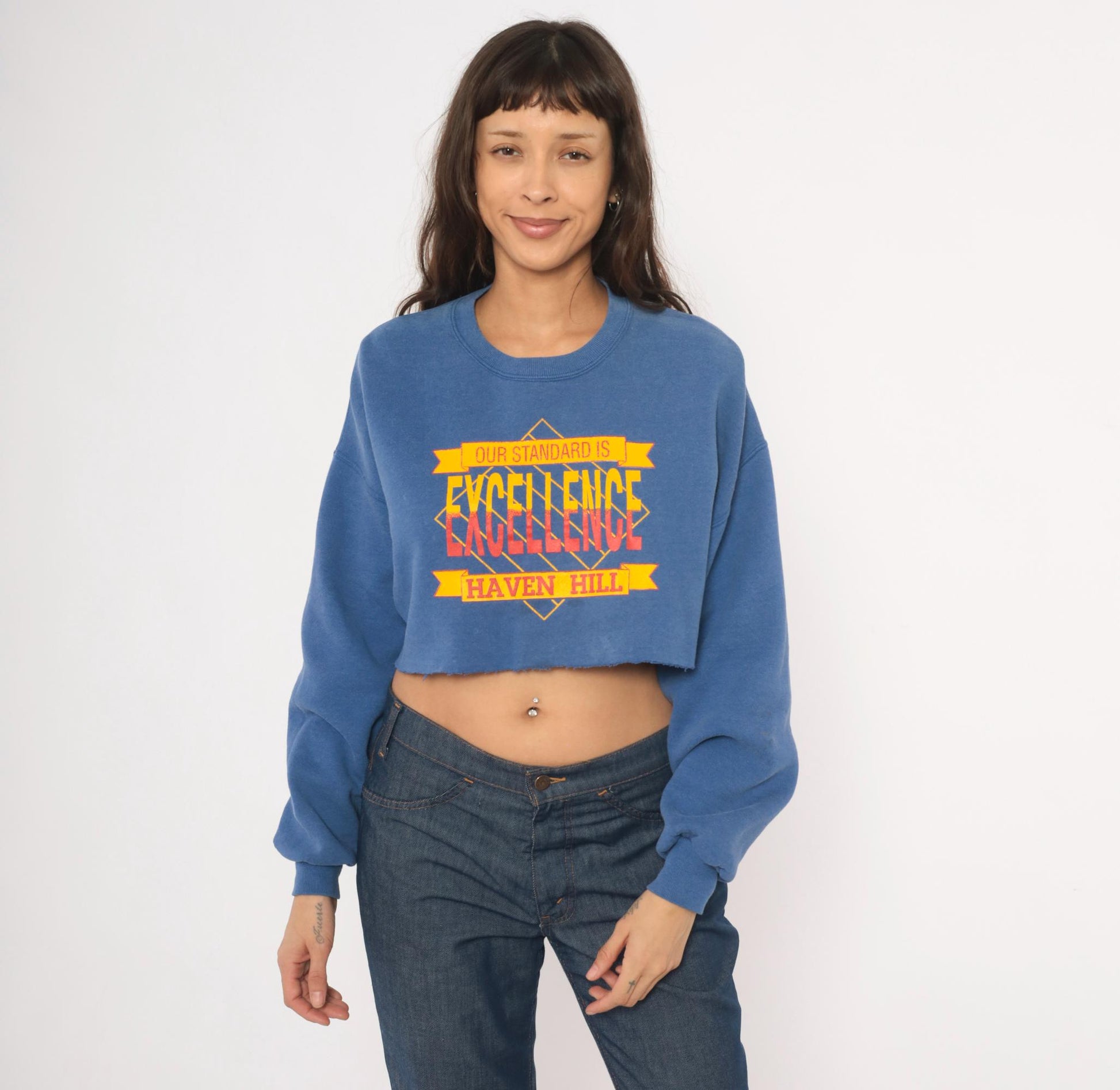 90s Jerzees Haven Hill Cropped Sweatshirt Cobalt Blue Graphic Crewneck Extra Large XL
