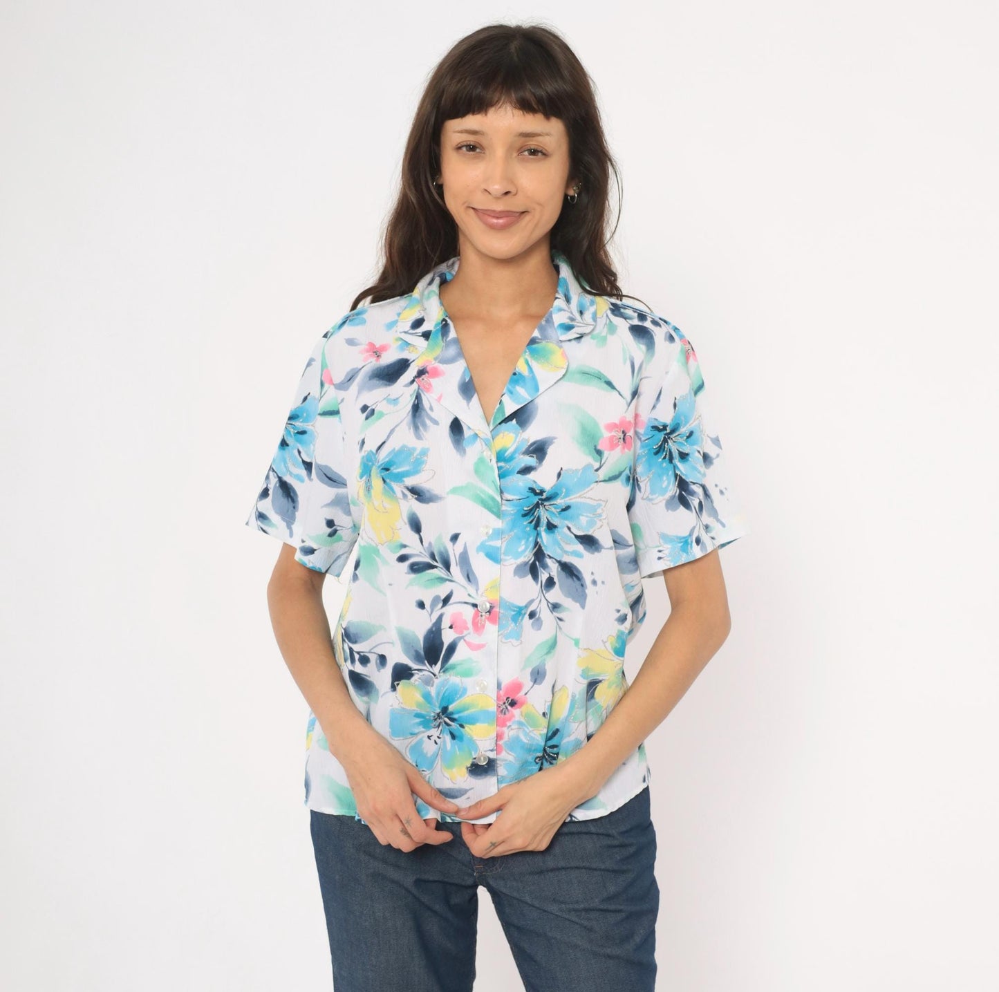 90s Alfred Dunner Watercolor Floral Camp Collar Blouse Blue Pink Yellow Extra Large XL
