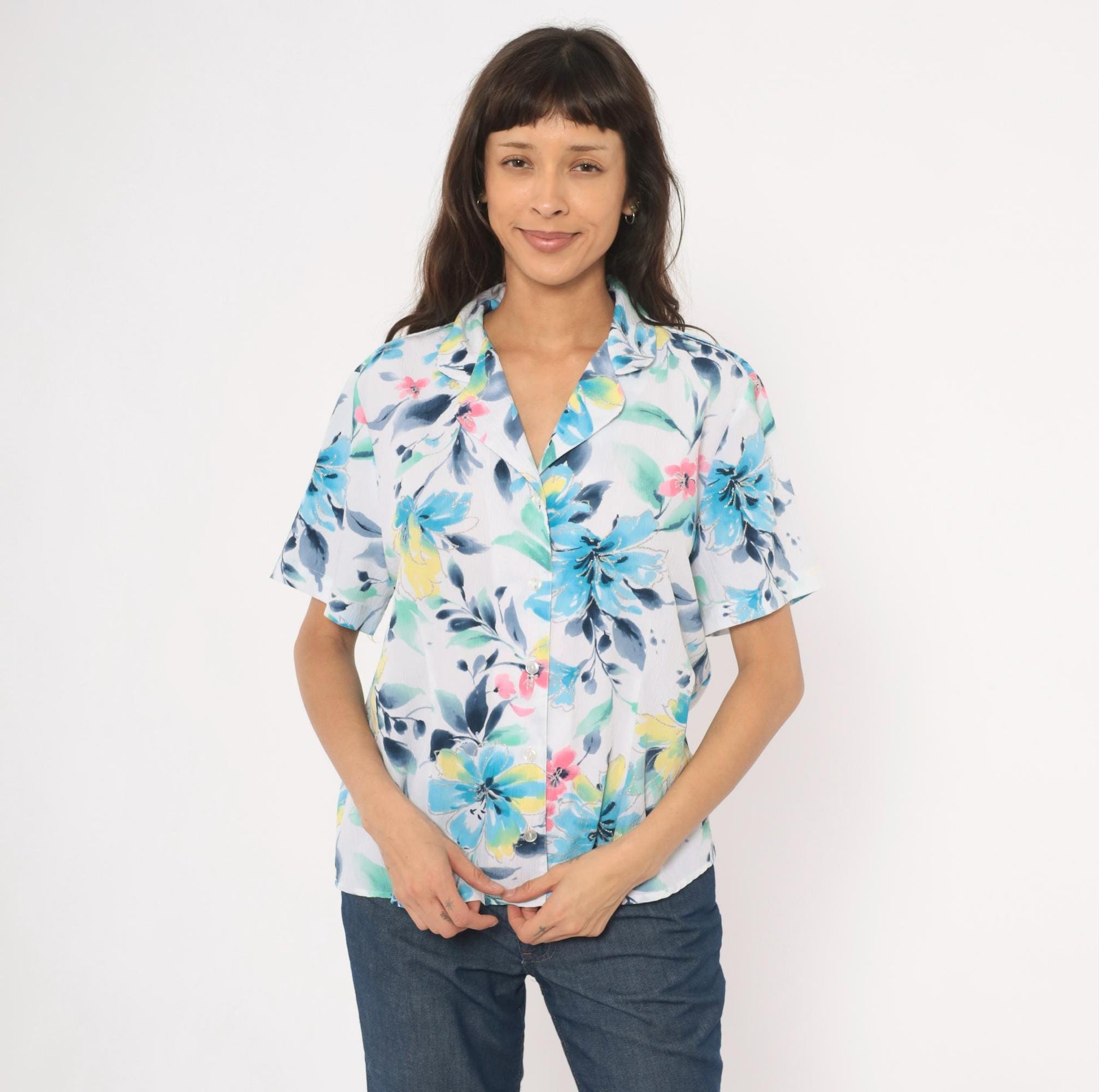 90s Alfred Dunner Watercolor Floral Camp Collar Blouse Blue Pink Yellow Extra Large XL