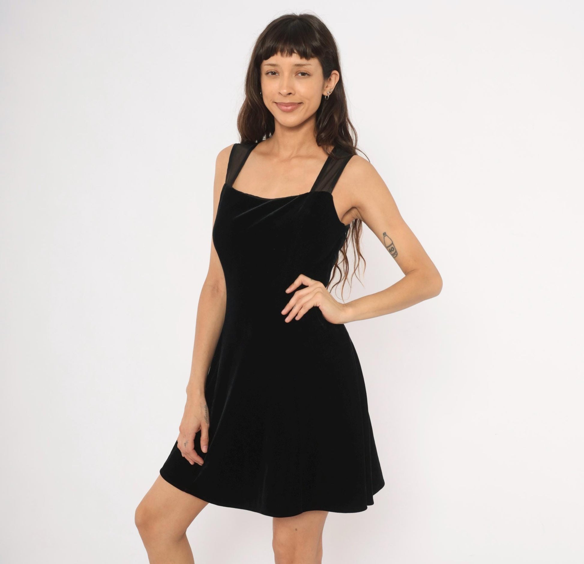 90s Betsy and Adam Black Velvet Mini Dress Sweetheart Neckline Mesh Back Medium M