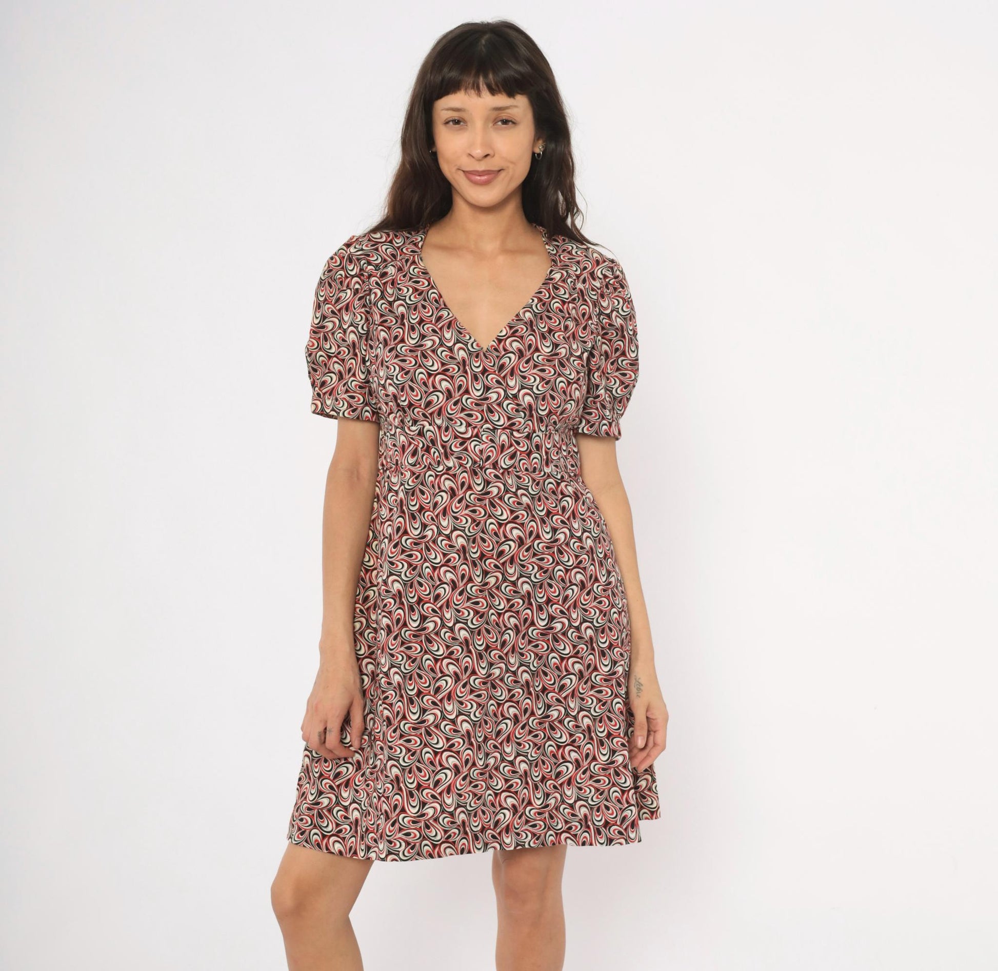 90s Psychedelic Swirl V-Neck Puff Sleeve Dress Red Black White Cotton Large L