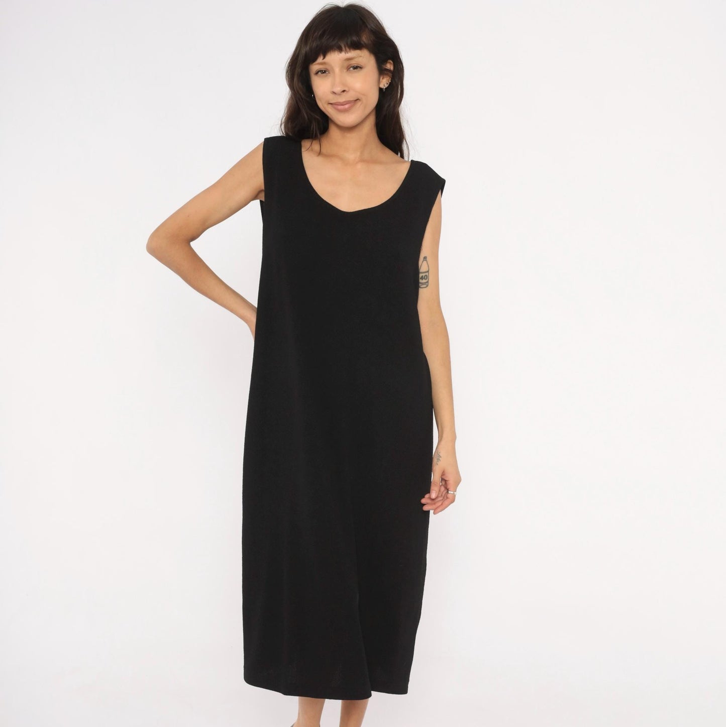 90s Dana Kay Black Sleeveless Midi Dress Scoop Neck Column Extra Large