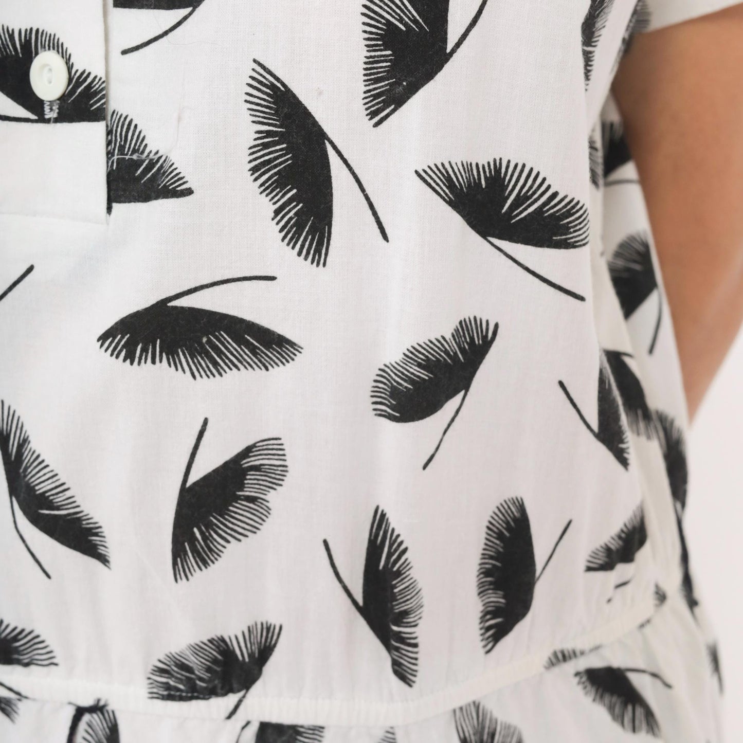 80s Lady Carol Feather Print Shirtdress White Black Cotton Midi Large L