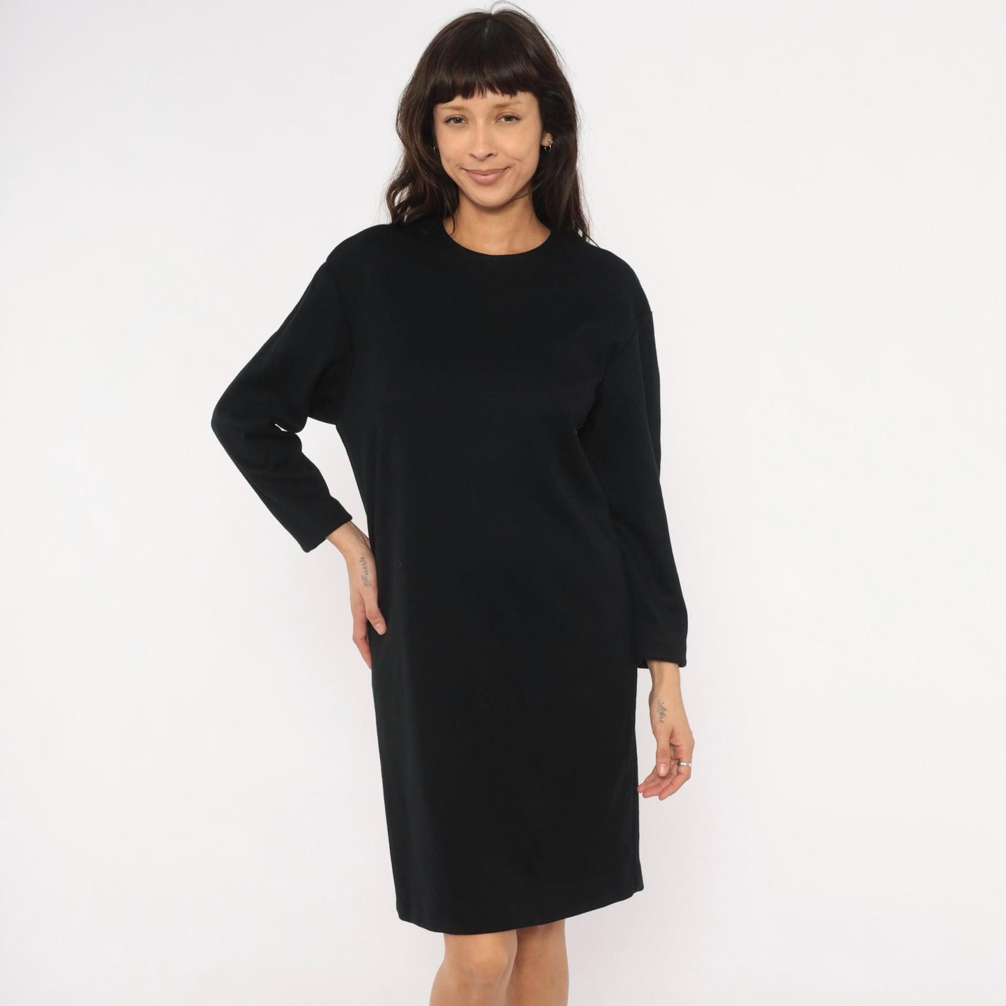90s Positive Attitude Black Knit Dress Crew Neck Long Sleeve Knee-Length Large L