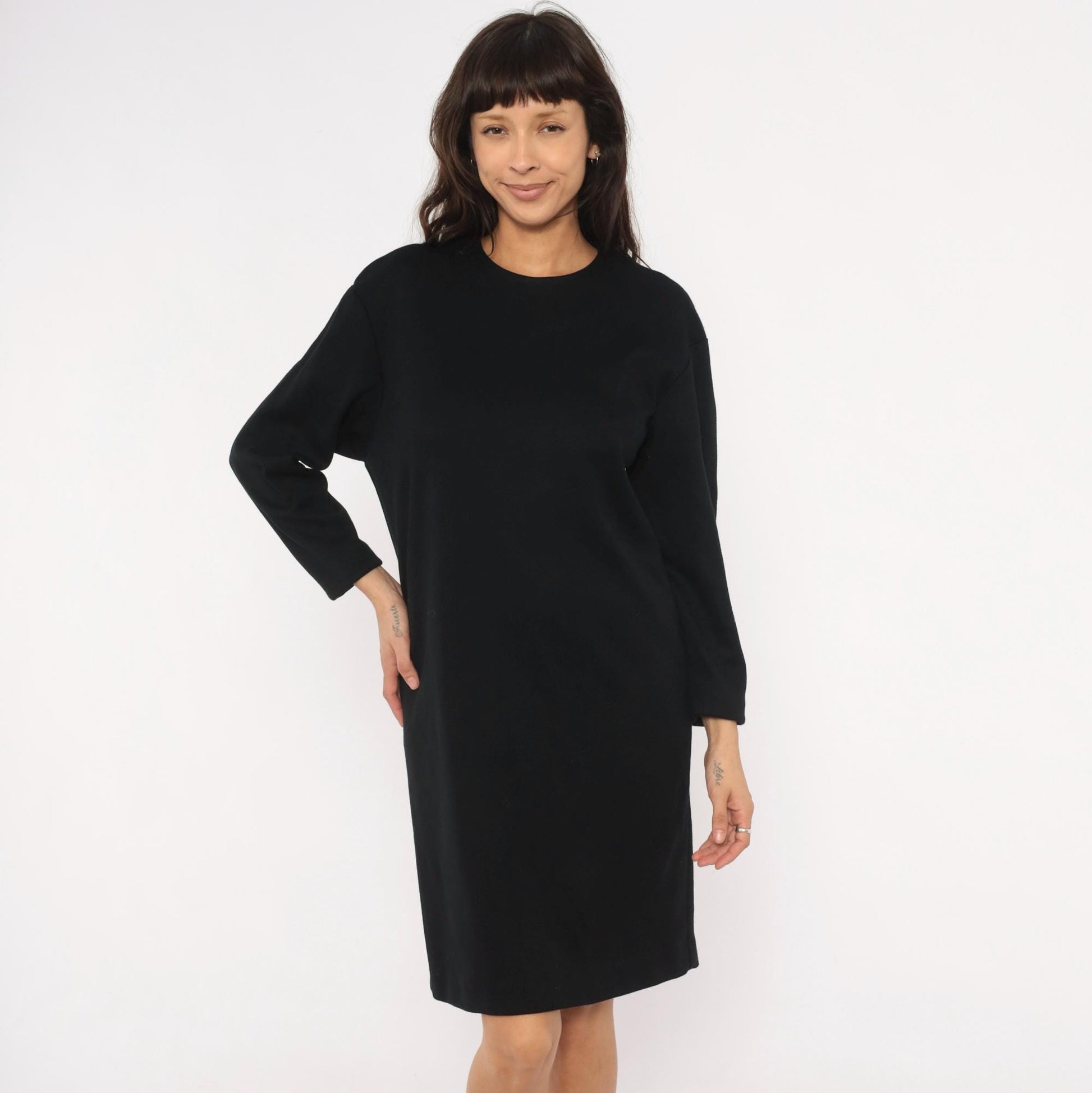 90s Positive Attitude Black Knit Dress Crew Neck Long Sleeve Knee-Length Large L
