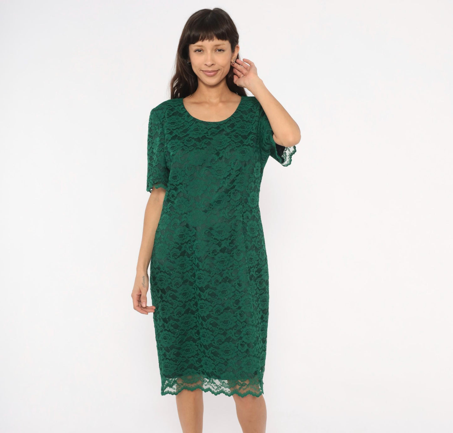 90s My Michelle Emerald Lace Dress Scalloped Hem Short Sleeve Knee-Length Extra Large