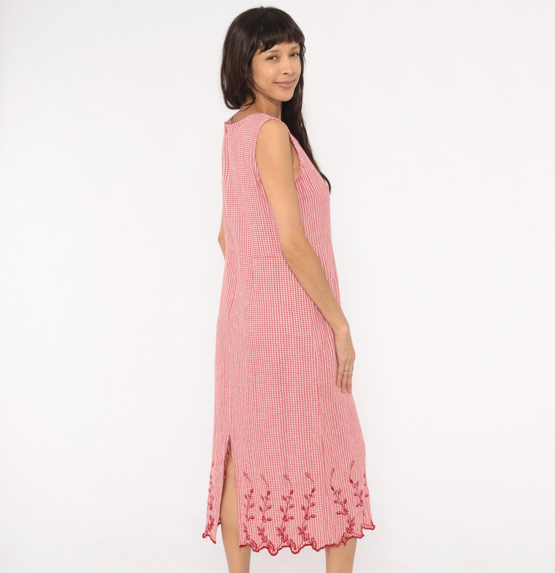 80s Country Wear Gingham Midi Dress Red White Embroidered Scalloped Petite Large
