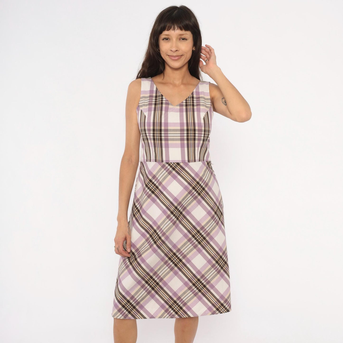 90s Kari Lavender Plaid Sundress V-Neck Mini Check Small
