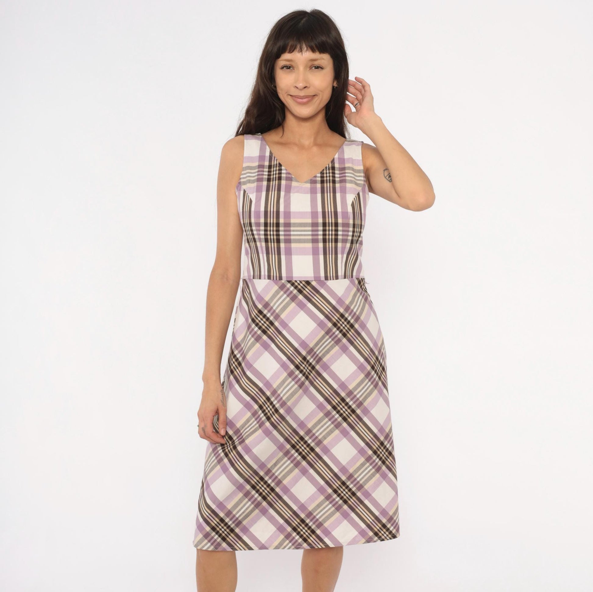 90s Kari Lavender Plaid Sundress V-Neck Mini Check Small