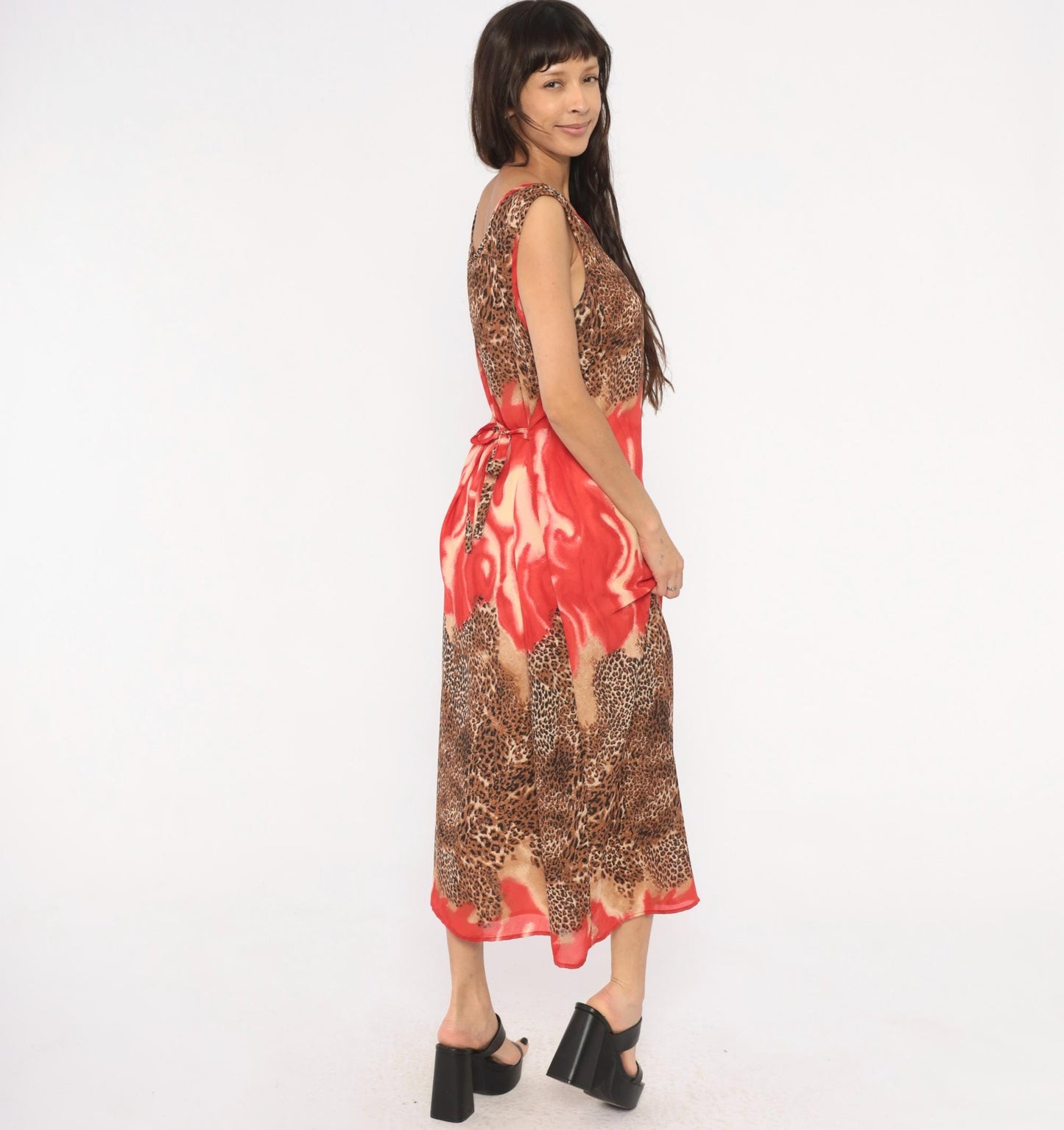 90s Leopard Flame Print Maxi Dress Sleeveless Scoop Neck Chiffon Tie Back XXL