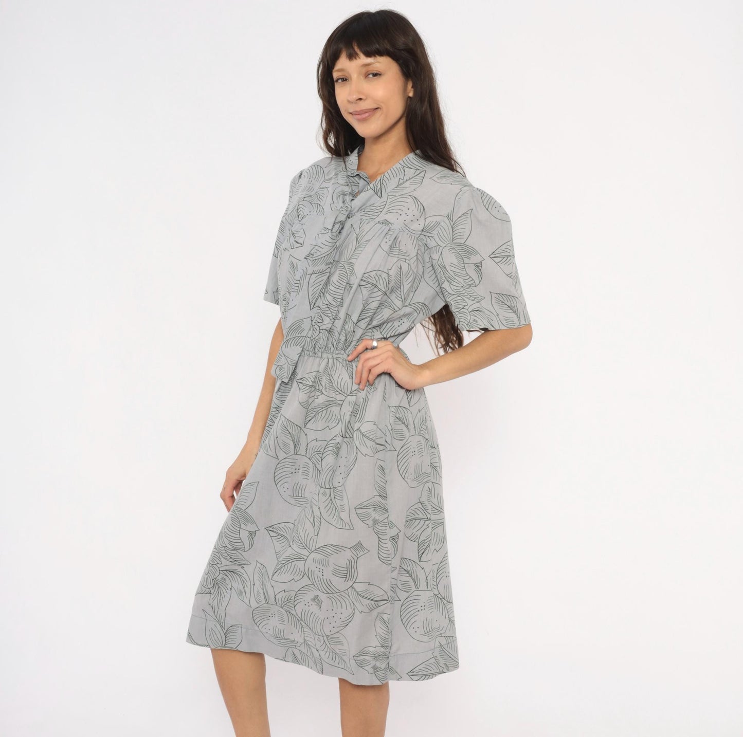 80s Botanical Leaf Print Grey Cotton Tie Neck Dress Puff Sleeve Small Medium