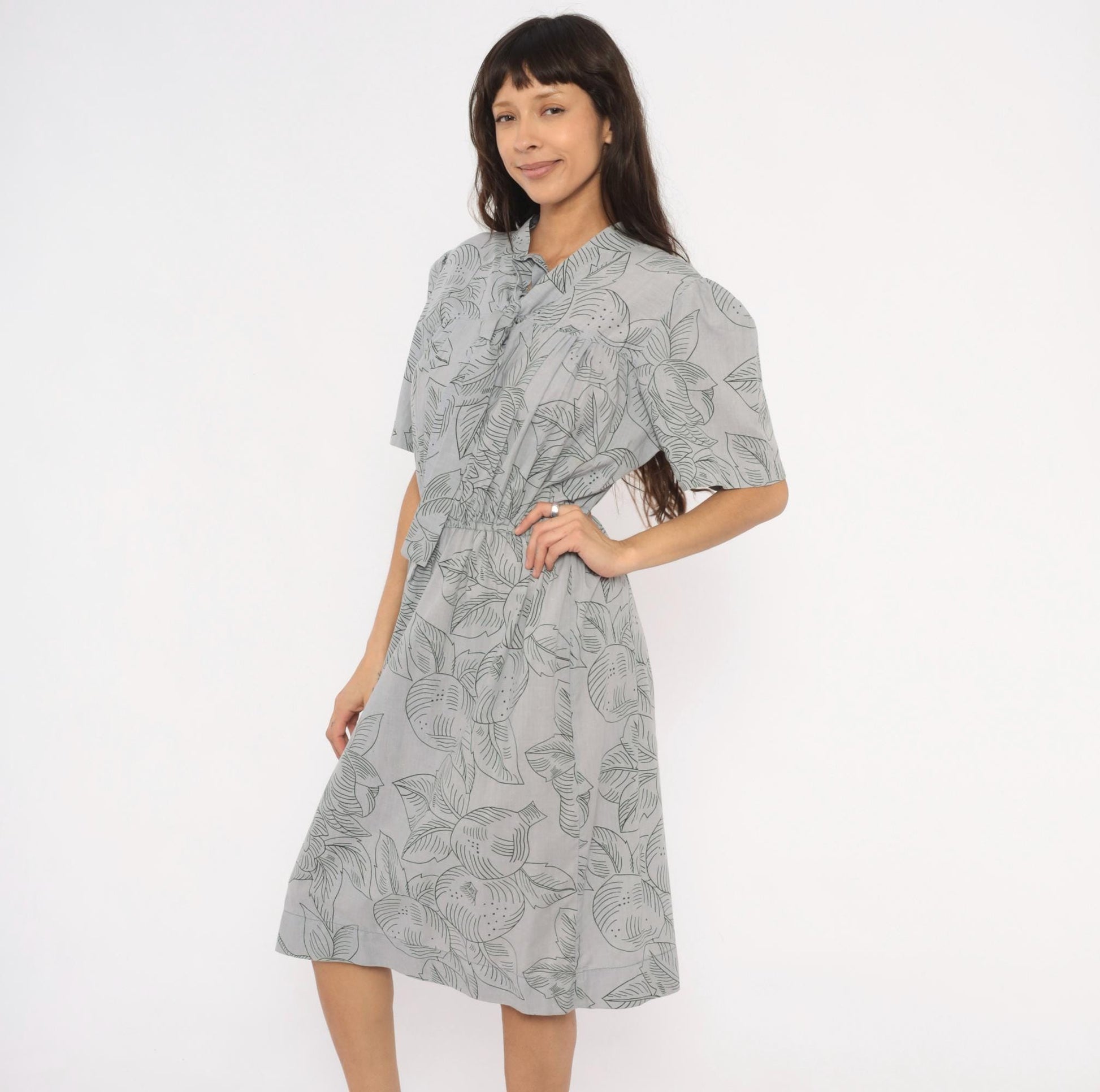 80s Botanical Leaf Print Grey Cotton Tie Neck Dress Puff Sleeve Small Medium