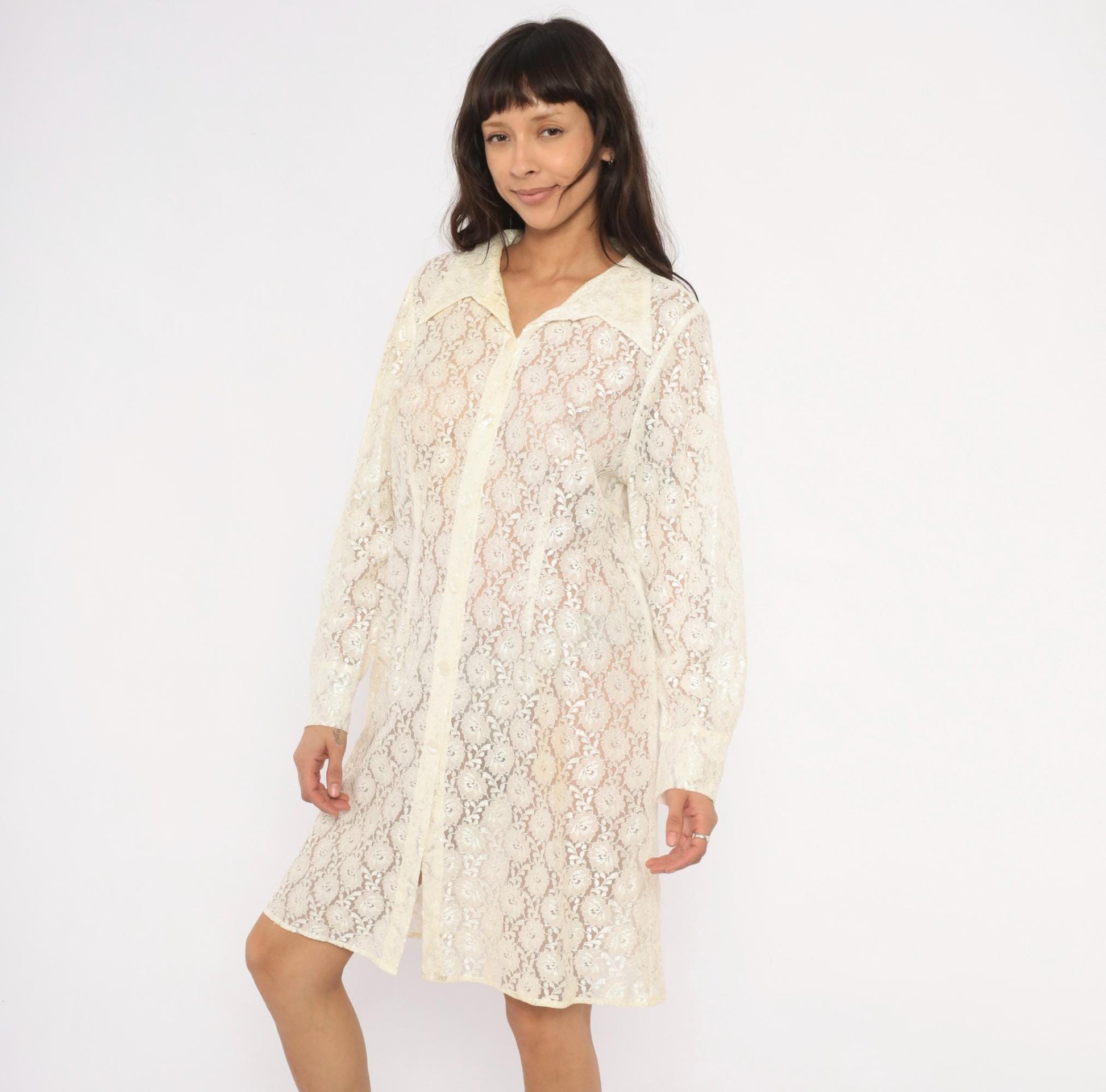 90s Deparis Cream Floral Lace Shirt Dress Knee Length Collared Large