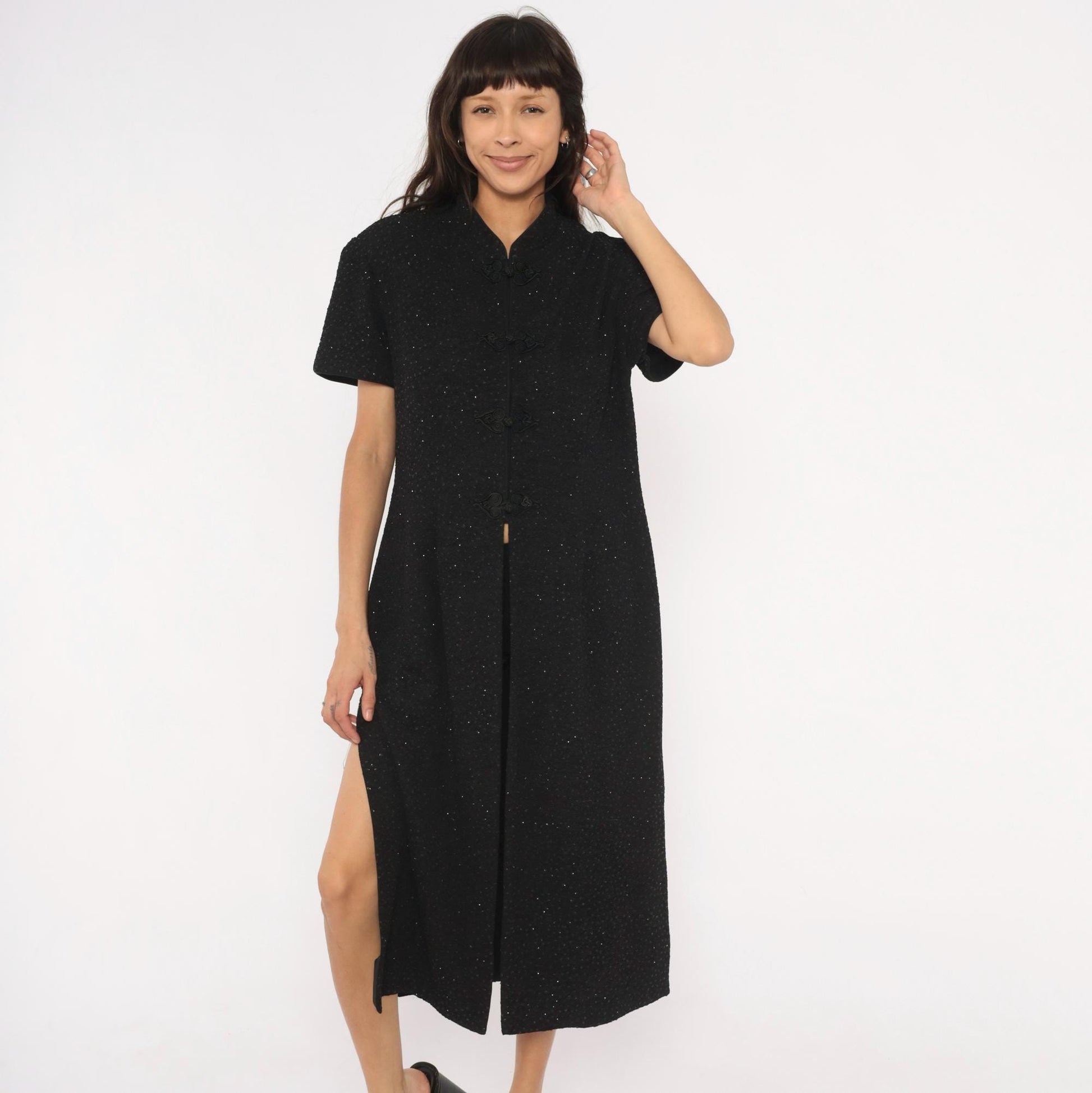 90s R&M Richards Black Glitter Cheongsam Midi Dress Frog Closure Mandarin Collar Extra Large