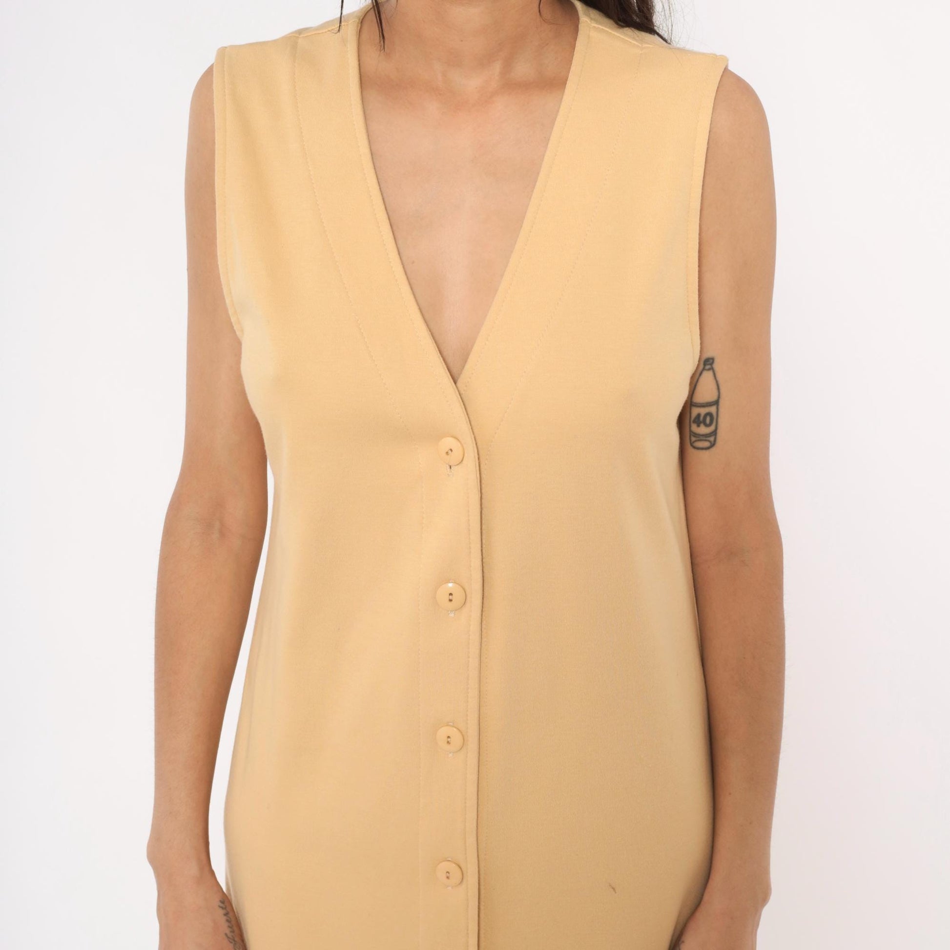 90s Weekenders Tan Maxi Dress Sleeveless V Neck Button Front Small