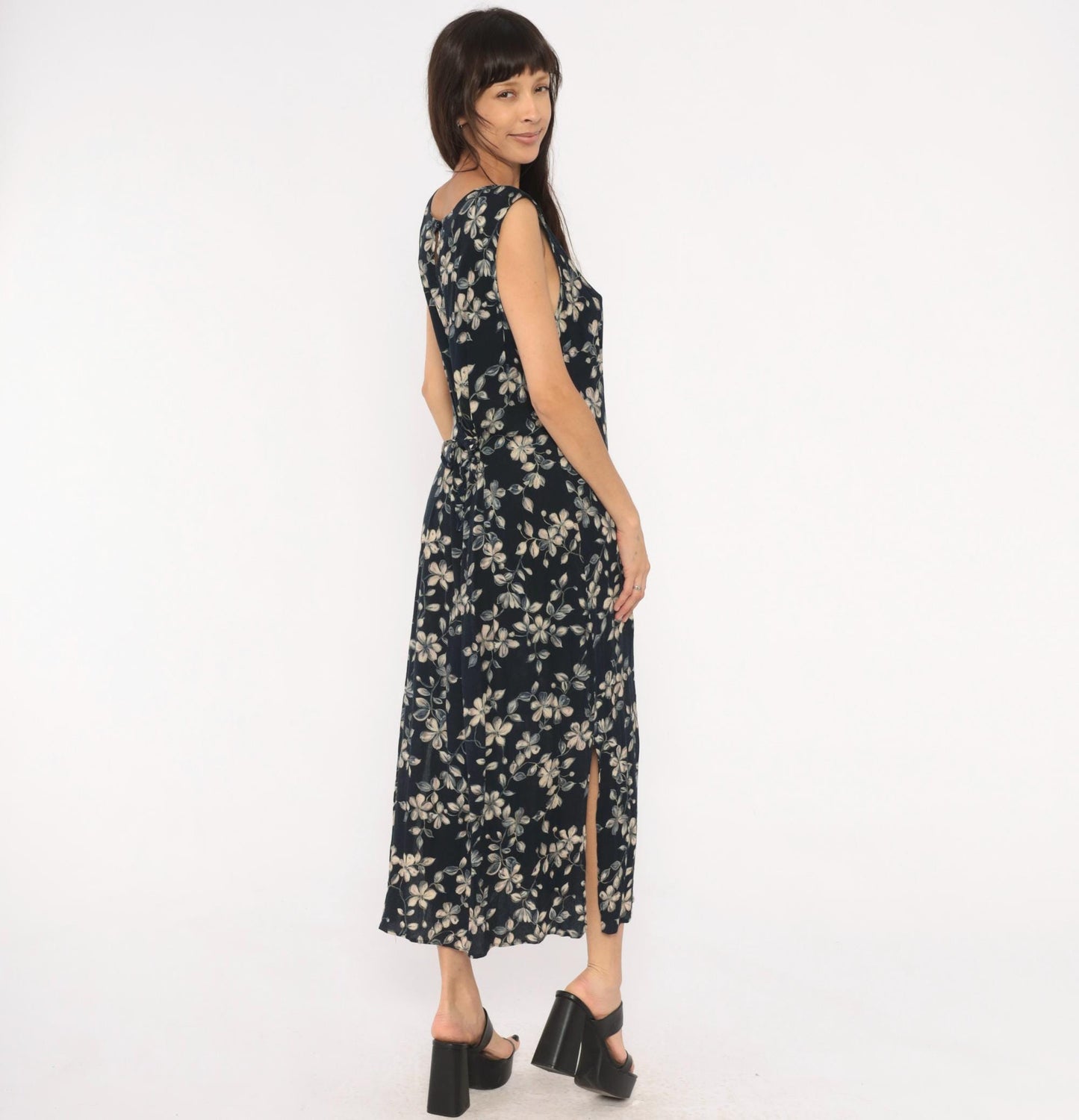 90s Northern Reflections Floral Maxi Dress Navy Cream Grey Keyhole Tie Back Large