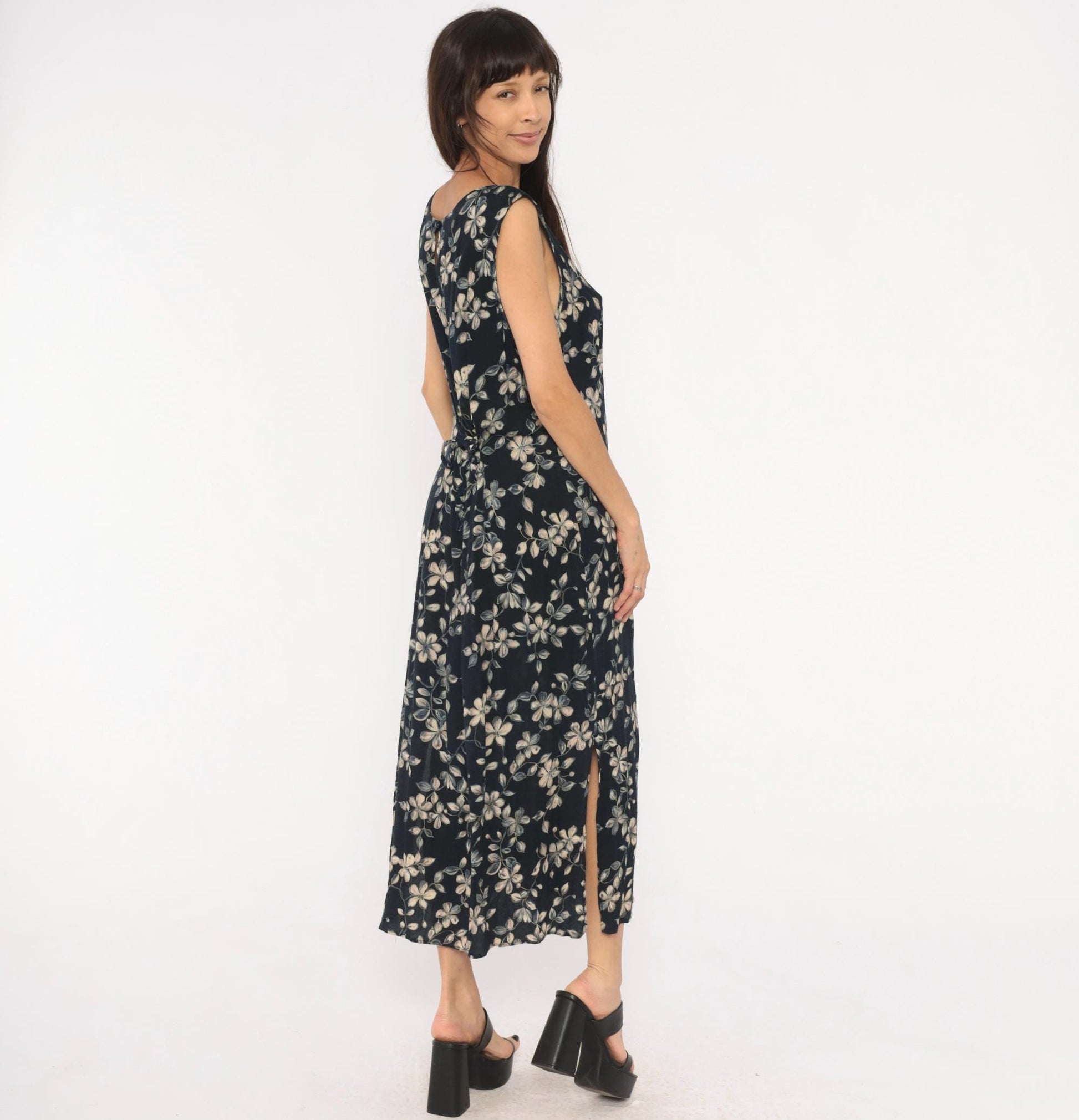 90s Northern Reflections Floral Maxi Dress Navy Cream Grey Keyhole Tie Back Large