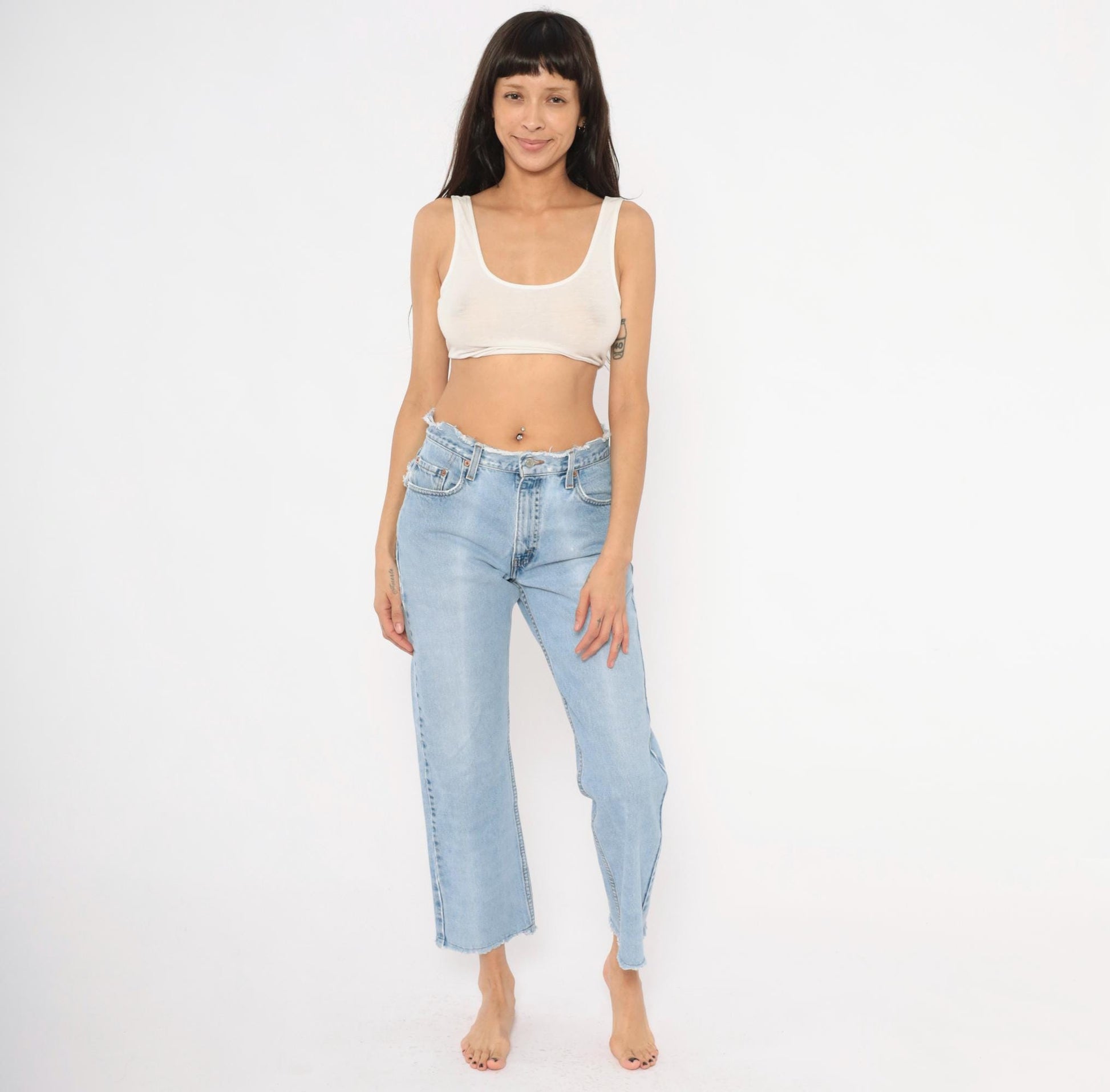 90s Levi's Cropped Jeans Light Wash Raw Hem Distressed Ankle Blue Denim 30x28