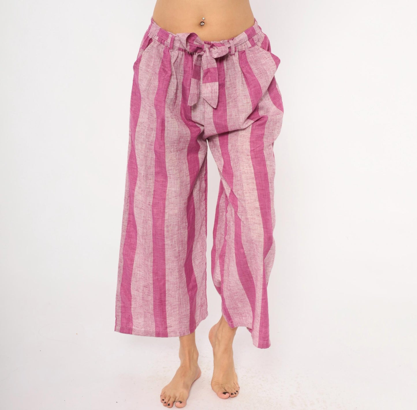 2000s Pink Plum Striped Wide Leg Cropped Pants Cotton Tie Waist Plus Size XXL