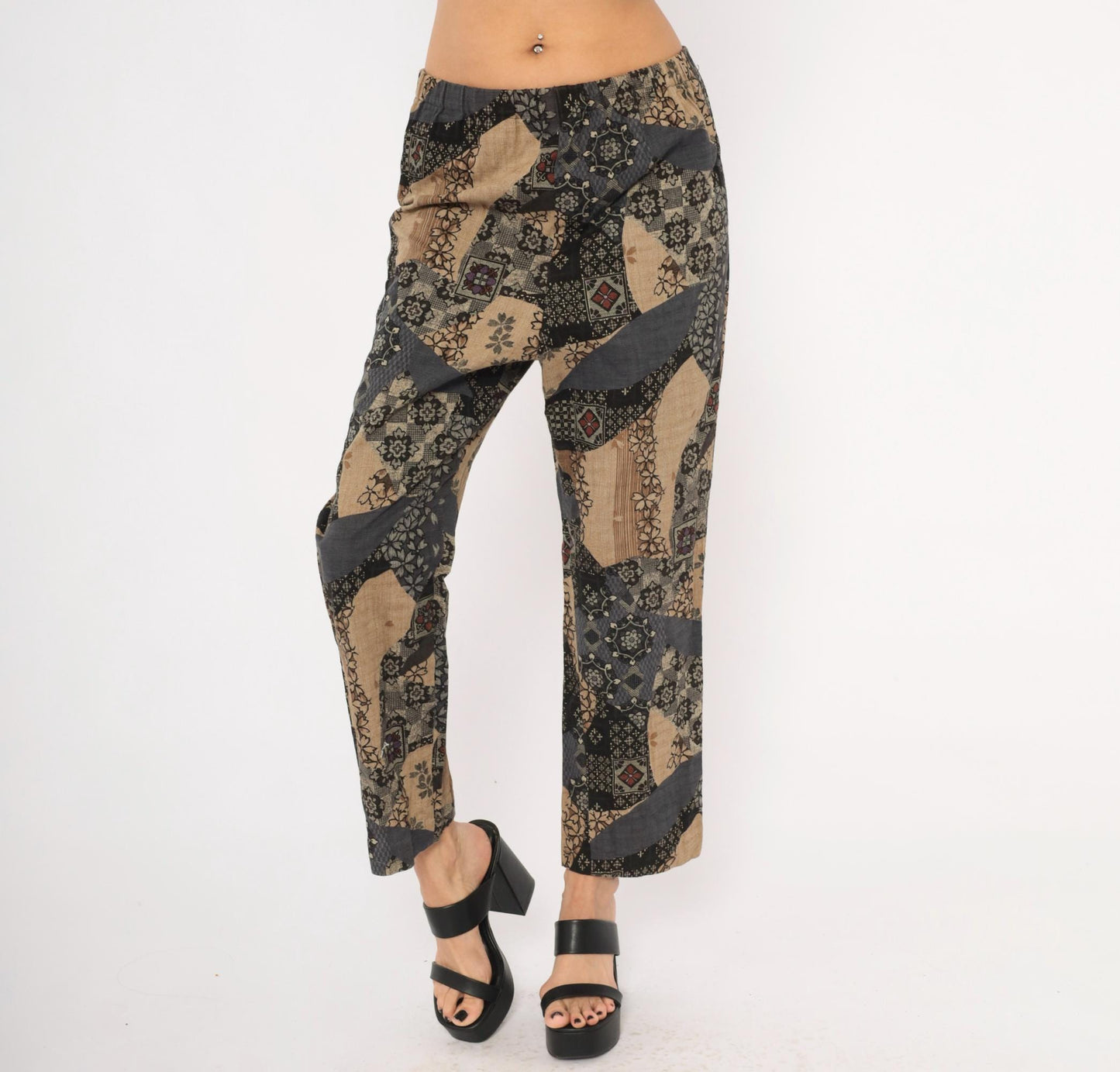 90s Patchwork Print Wide Leg Trousers Black Floral Geometric Elastic Waist Medium M