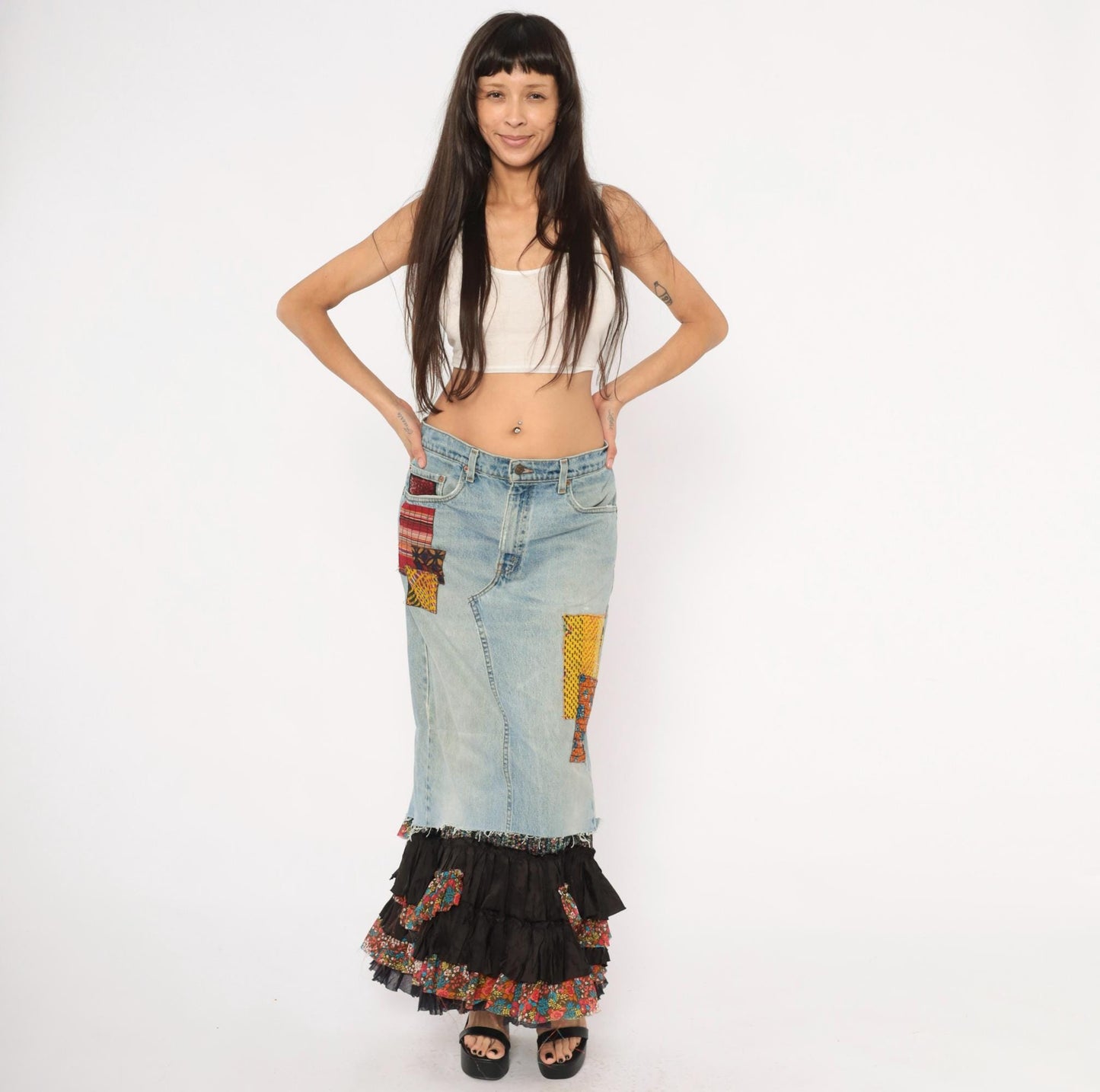 00s FP One Free People Patchwork Denim Maxi Skirt Light Wash Ruffled Small