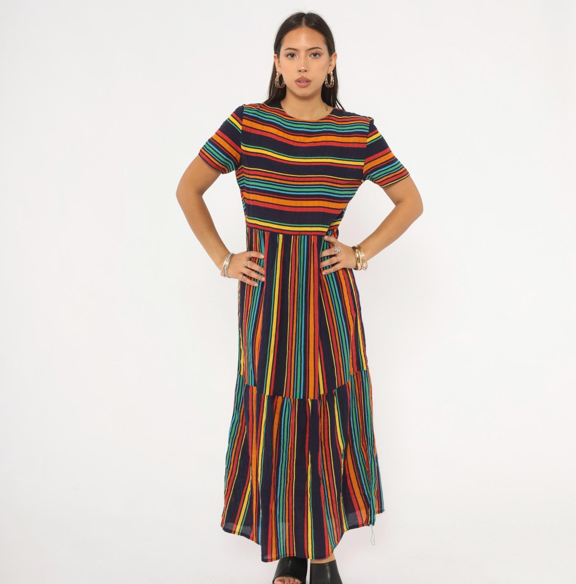 2000s Rainbow Stripe Maxi Dress Navy Multicolor Tiered Skirt Medium M