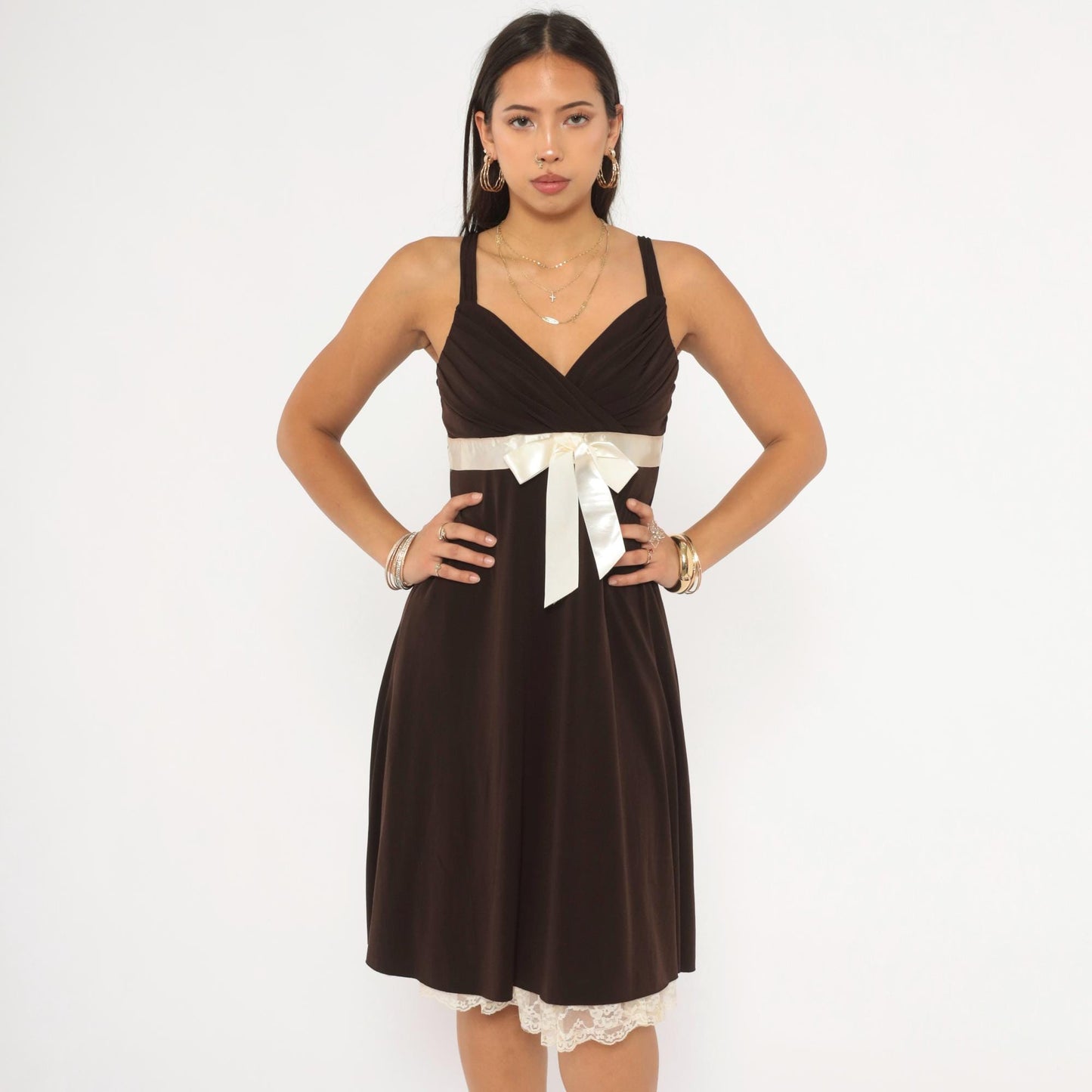 Y2K My Michelle Chocolate Brown Mini Dress Satin Bow Empire Waist Medium M