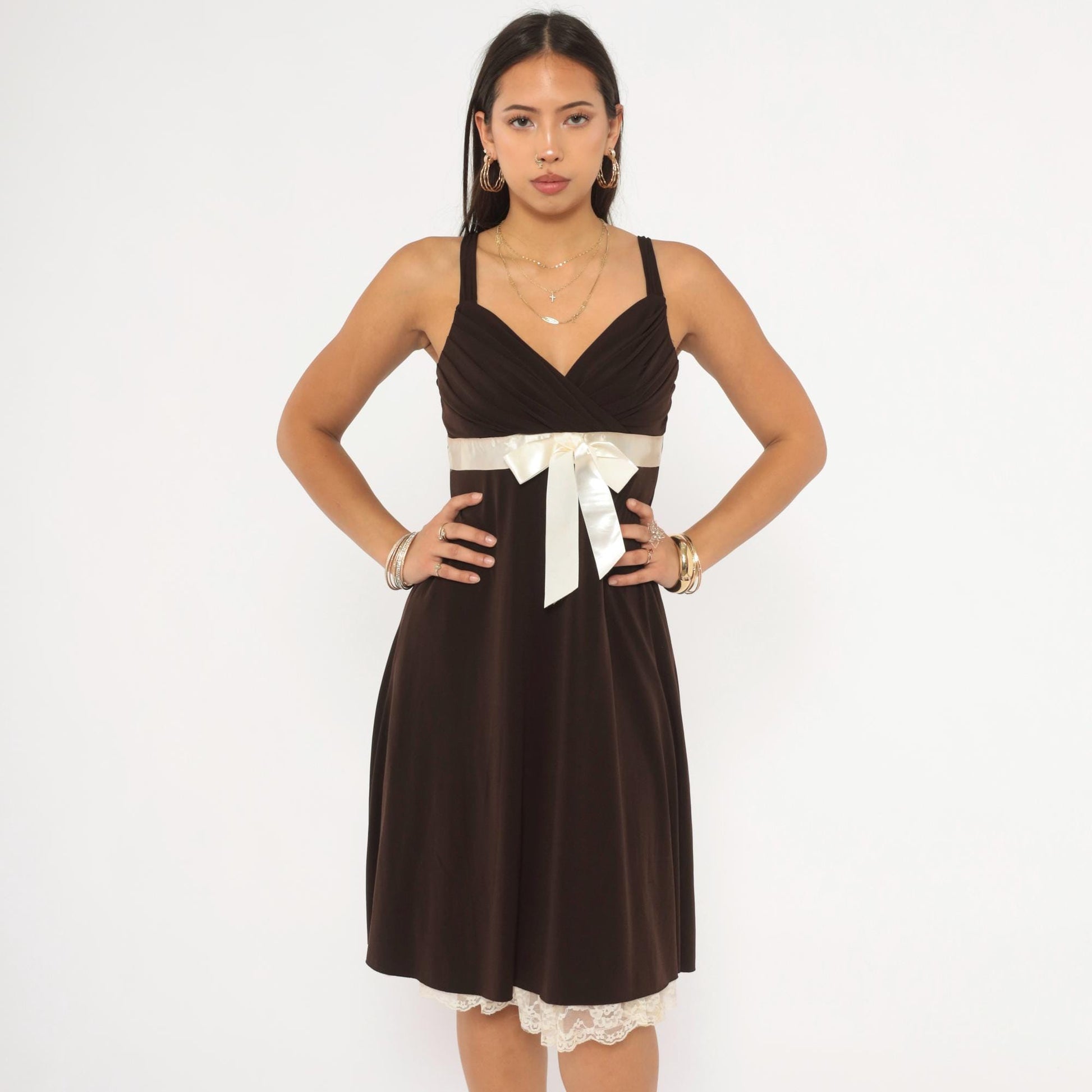 Y2K My Michelle Chocolate Brown Mini Dress Satin Bow Empire Waist Medium M